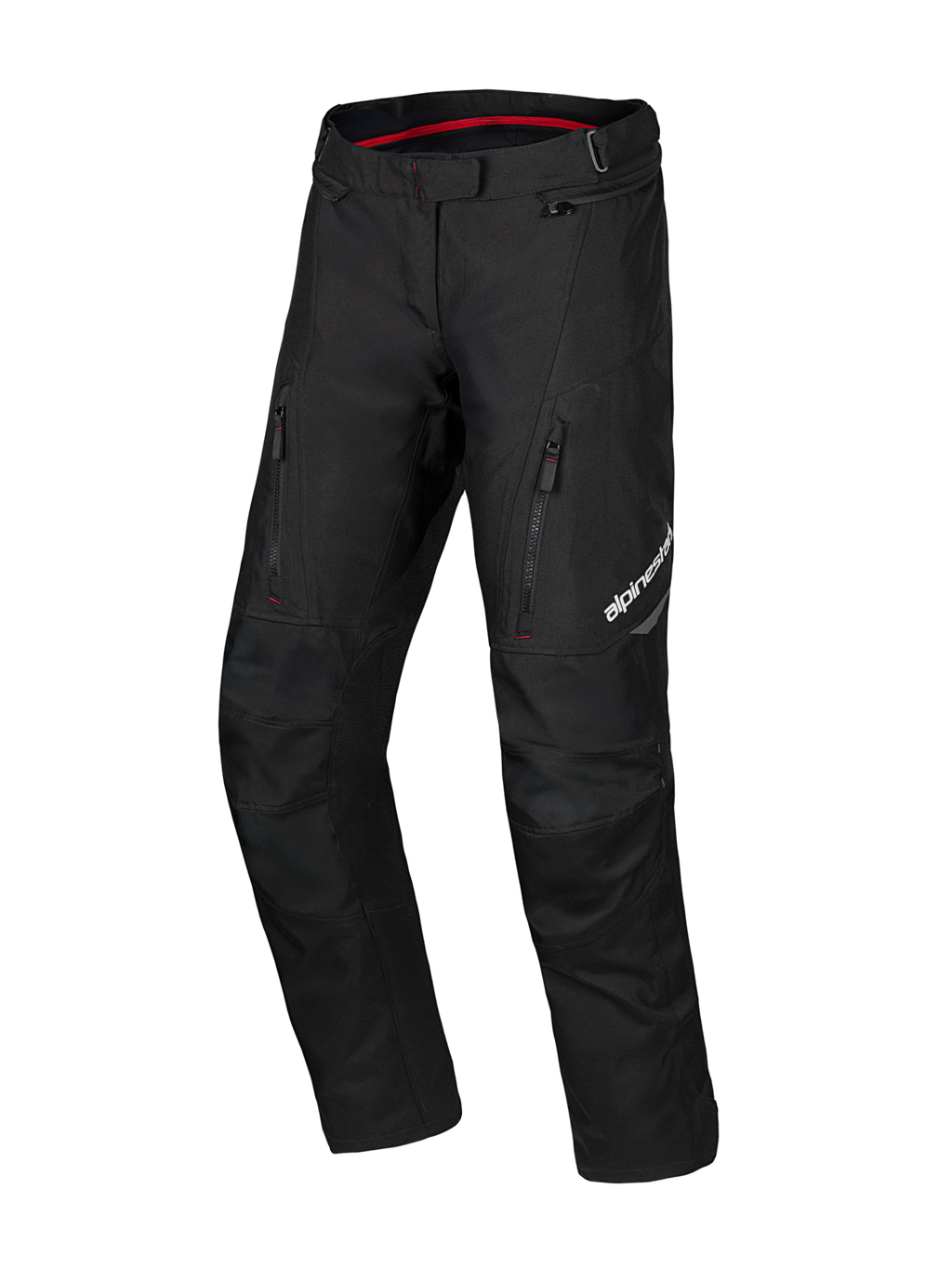 Alpinestars Honda ST-1 Waterproof Pants, motorcykelbyxor för touring, svarta med röda detaljer på insidan, cargofickor med dragkedja på låren, ergonomiskt förböjda ben med förstärkta knän, vattentät adventure-utrustning i textil