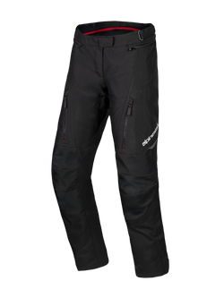 Alpinestars Honda ST-1 Waterproof Pants, Motorcycle Touring Pants, Black with red interior detail, zippered cargo pockets on thighs, ergonomic pre-curved legs with reinforced knees, textile waterproof adventure gear