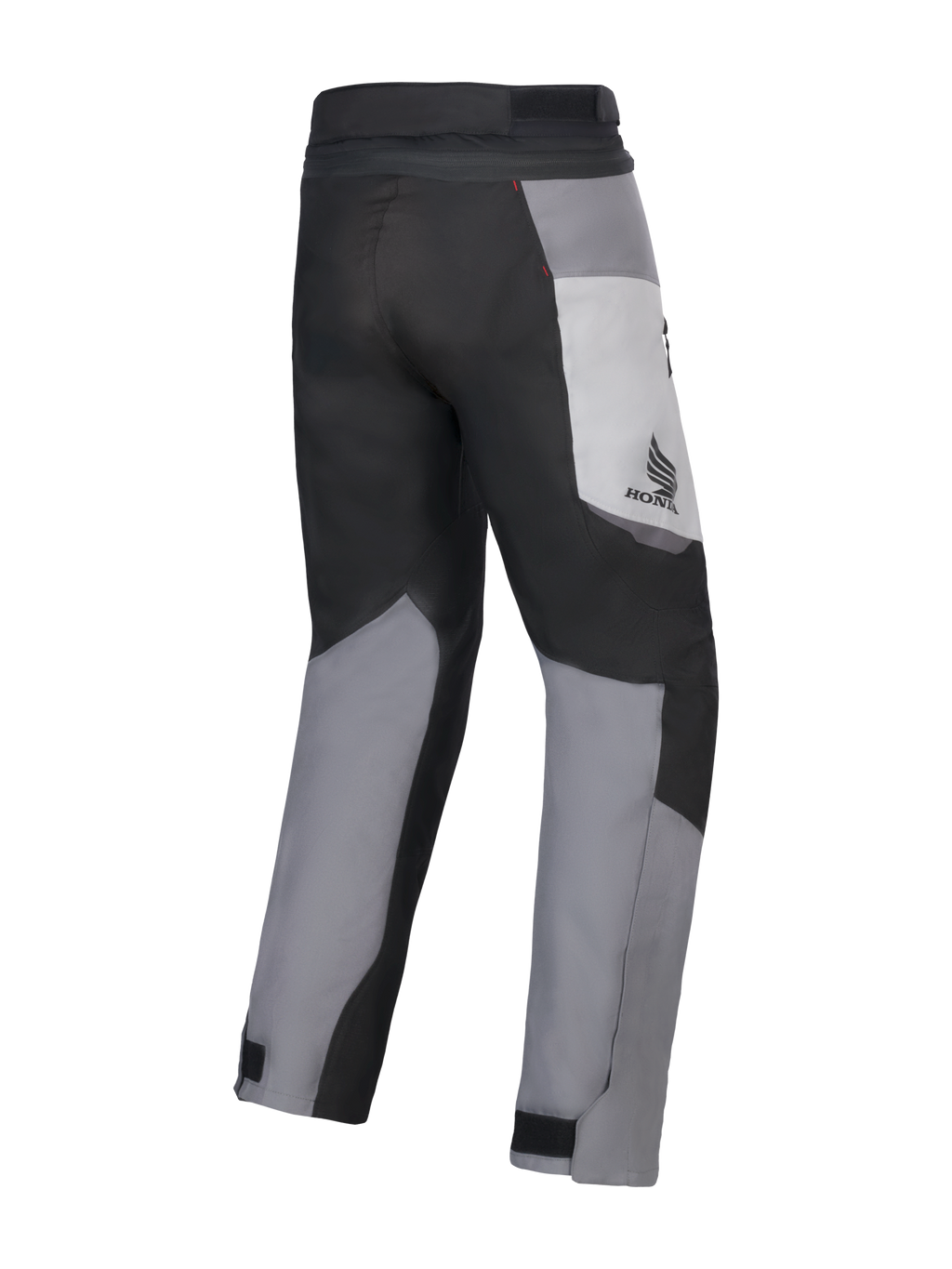 Alpinestars Honda St-1 Waterproof Pants, motorcykelbyxor för touring, Ice Gray, Dark Gray och svart, vy bakifrån som visar en textilkonstruktion i flera paneler, Honda-logotyp på låret och justerbara ankelstängningar för körning i alla väder