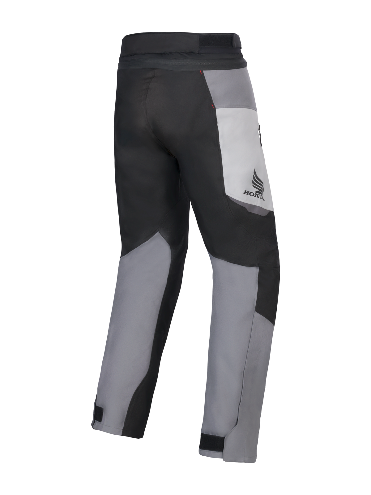 Alpinestars Honda St-1 Waterproof Pants, motorcykelbyxor för touring, Ice Gray, Dark Gray och svart, vy bakifrån som visar en textilkonstruktion i flera paneler, Honda-logotyp på låret och justerbara ankelstängningar för körning i alla väder