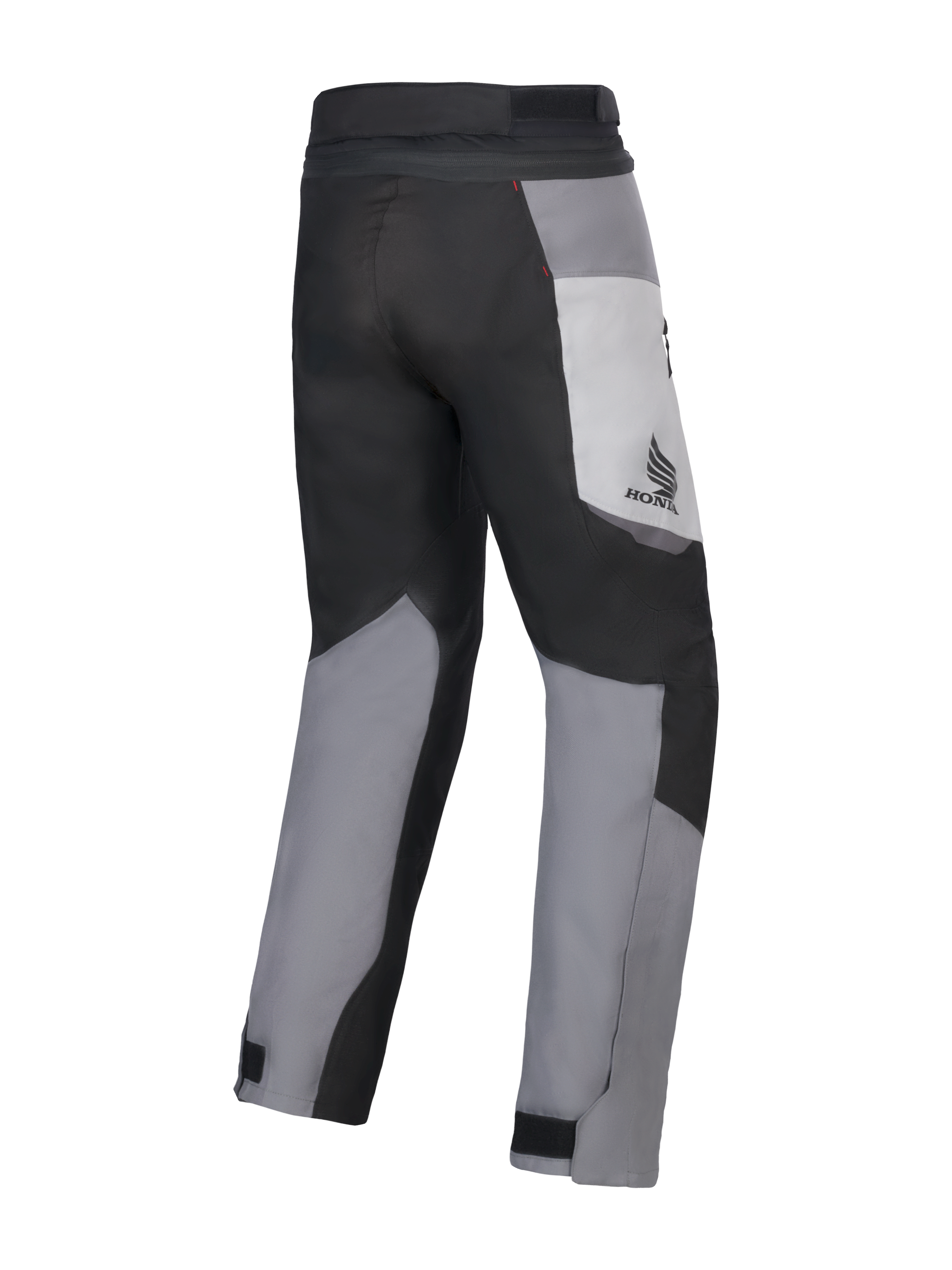 Alpinestars Honda St-1 Waterproof Pants, motorcykelbyxor för touring, Ice Gray, Dark Gray och svart, vy bakifrån som visar en textilkonstruktion i flera paneler, Honda-logotyp på låret och justerbara ankelstängningar för körning i alla väder