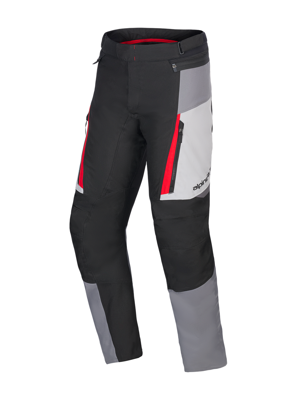 Alpinestars Honda ST-1 vattentäta byxor, motorcykelbyxor för touring, isgrå, mörkgrå och svarta med röda detaljer, teknisk textilkonstruktion med vattentätt foder, cargofickor med dragkedja och ergonomiska förböjda ben