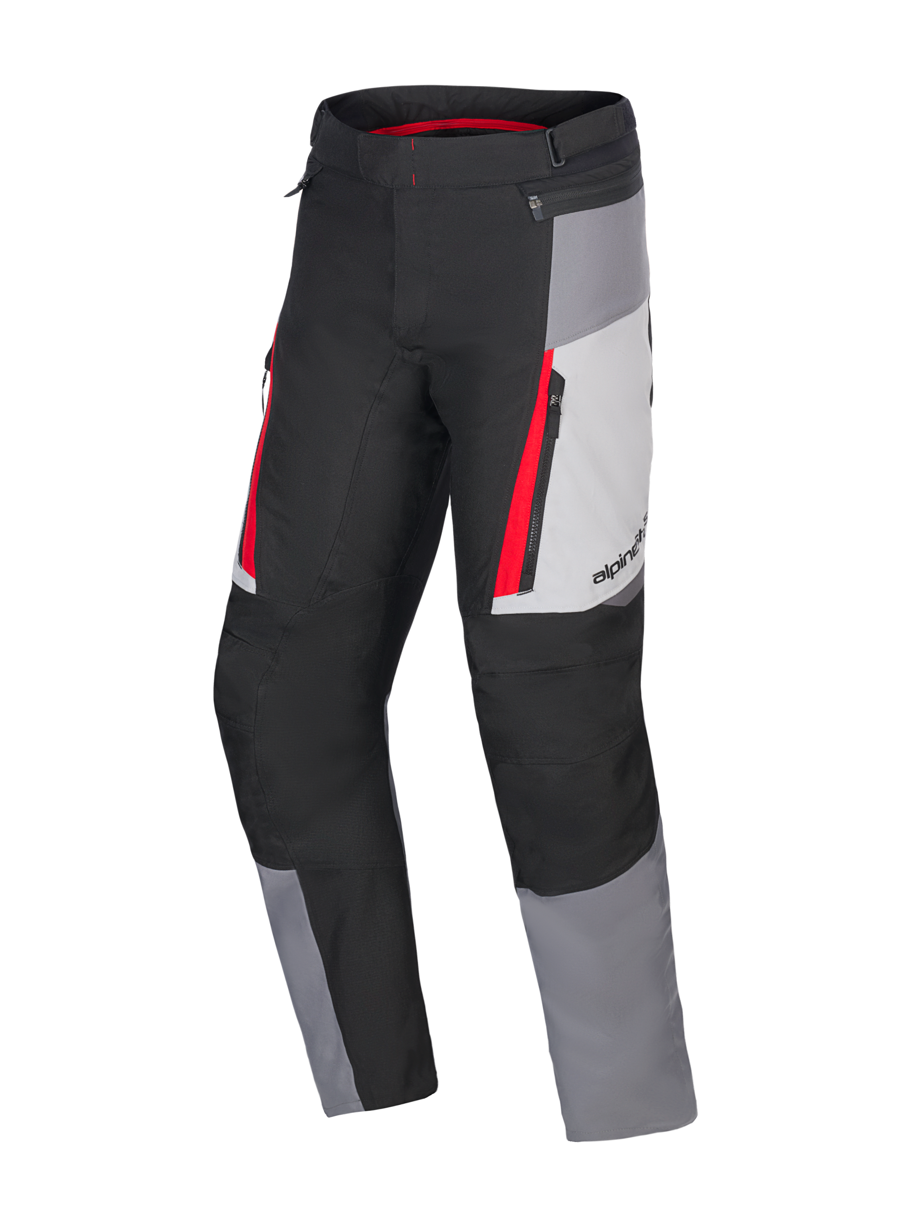 Alpinestars Honda ST-1 vattentäta byxor, motorcykelbyxor för touring, isgrå, mörkgrå och svarta med röda detaljer, teknisk textilkonstruktion med vattentätt foder, cargofickor med dragkedja och ergonomiska förböjda ben