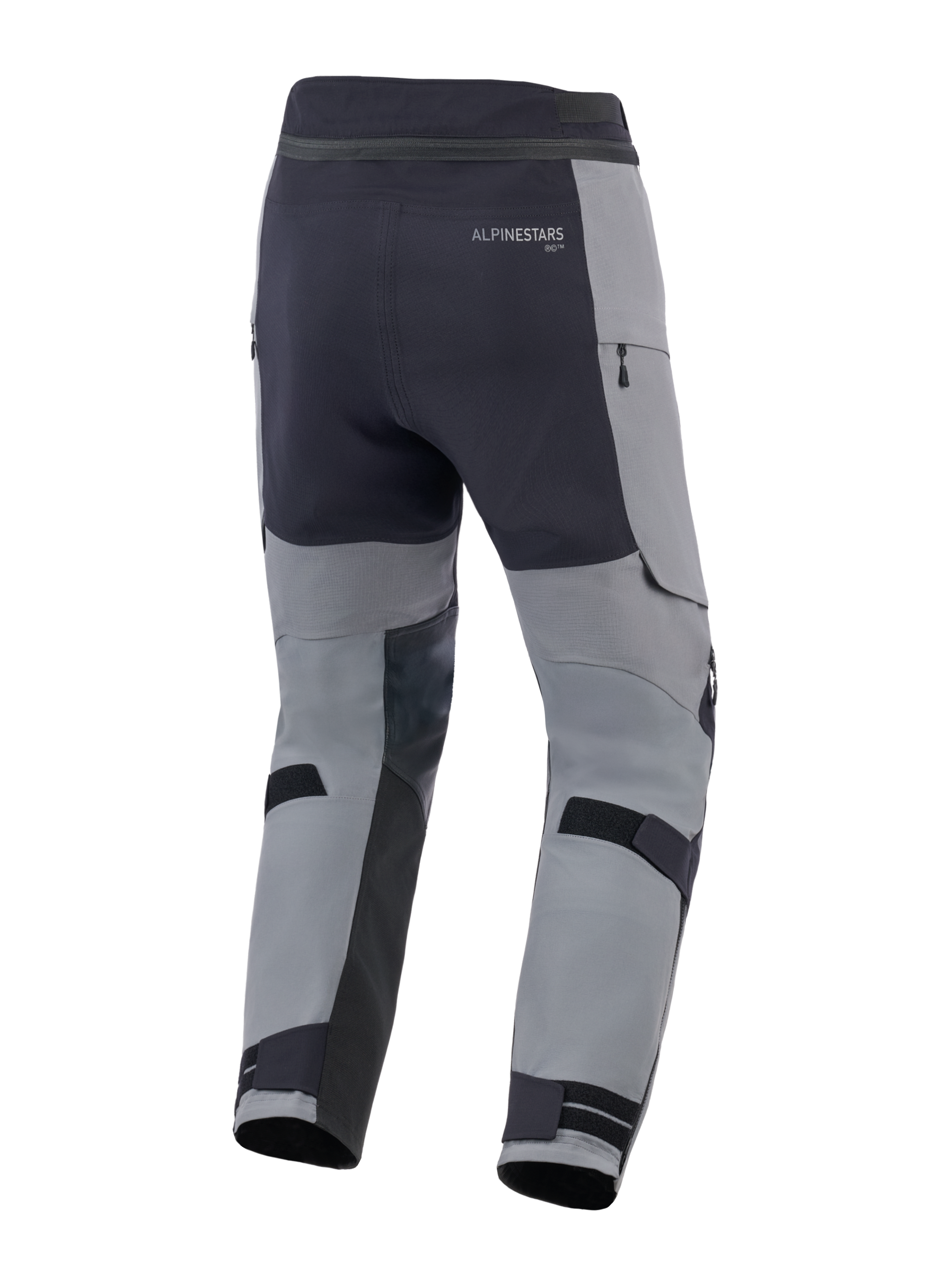 Alpinestars Andes Pro Drystar® XF byxor, äventyrsmotorcykelbyxor, mörkgrå och svarta, vy bakifrån med justerbara vadremmar, Alpinestars-logotyp och vattentäta dragkedjedetaljer