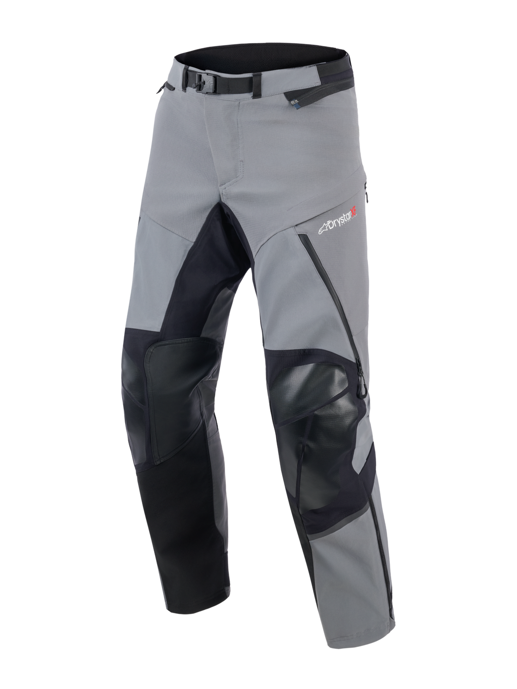 Alpinestars Andes Pro Drystar® XF-byxor, äventyrs-MC-byxor, mörkgrå och svarta, med förstärkta svarta paneler på knän och insida ben, magnetiskt midjespänne och Drystar XF-logotyp på låret, teknisk textilkonstruktion för extrema väderförhållanden.