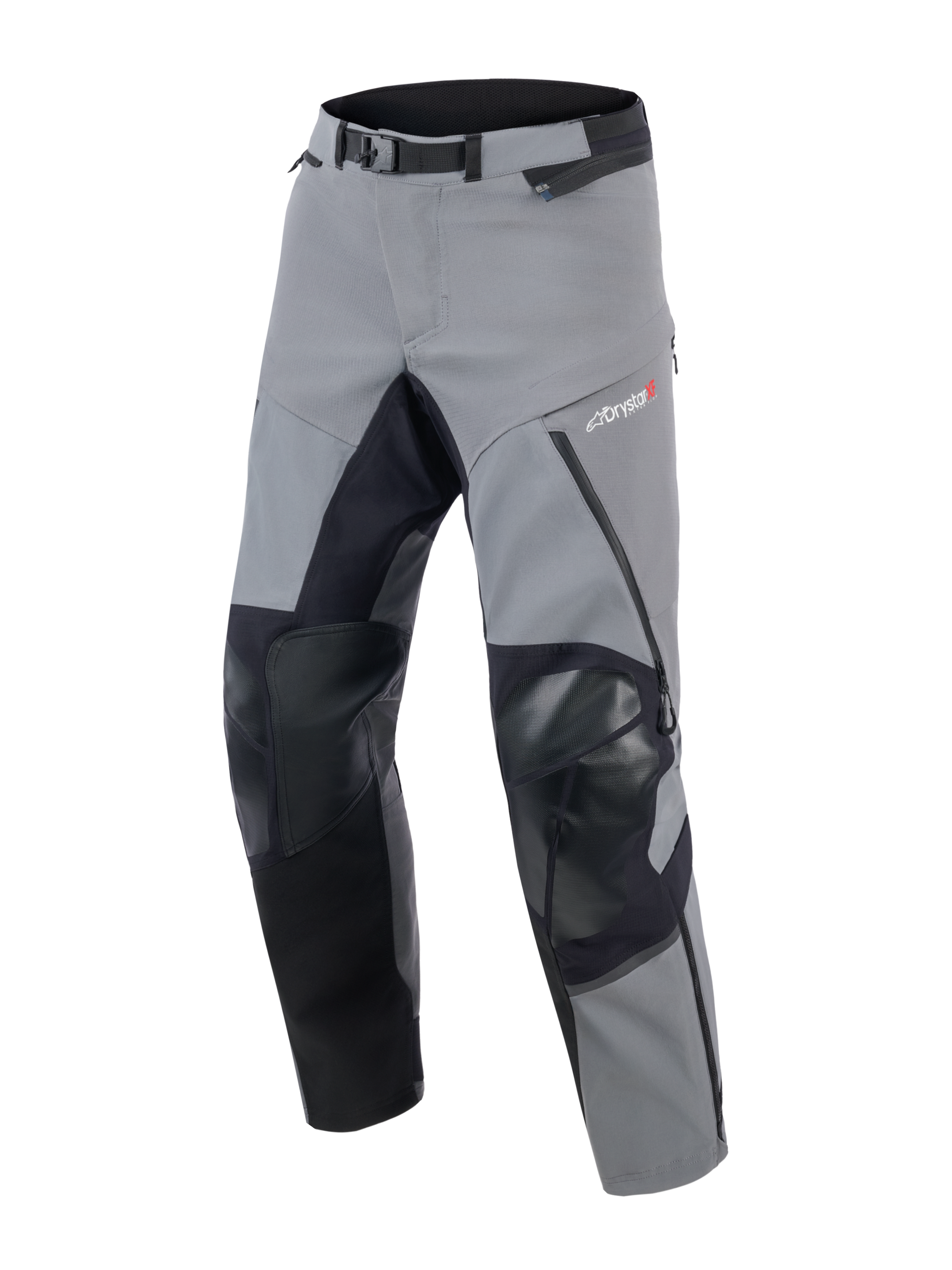 Alpinestars Andes Pro Drystar® XF-byxor, äventyrs-MC-byxor, mörkgrå och svarta, med förstärkta svarta paneler på knän och insida ben, magnetiskt midjespänne och Drystar XF-logotyp på låret, teknisk textilkonstruktion för extrema väderförhållanden.