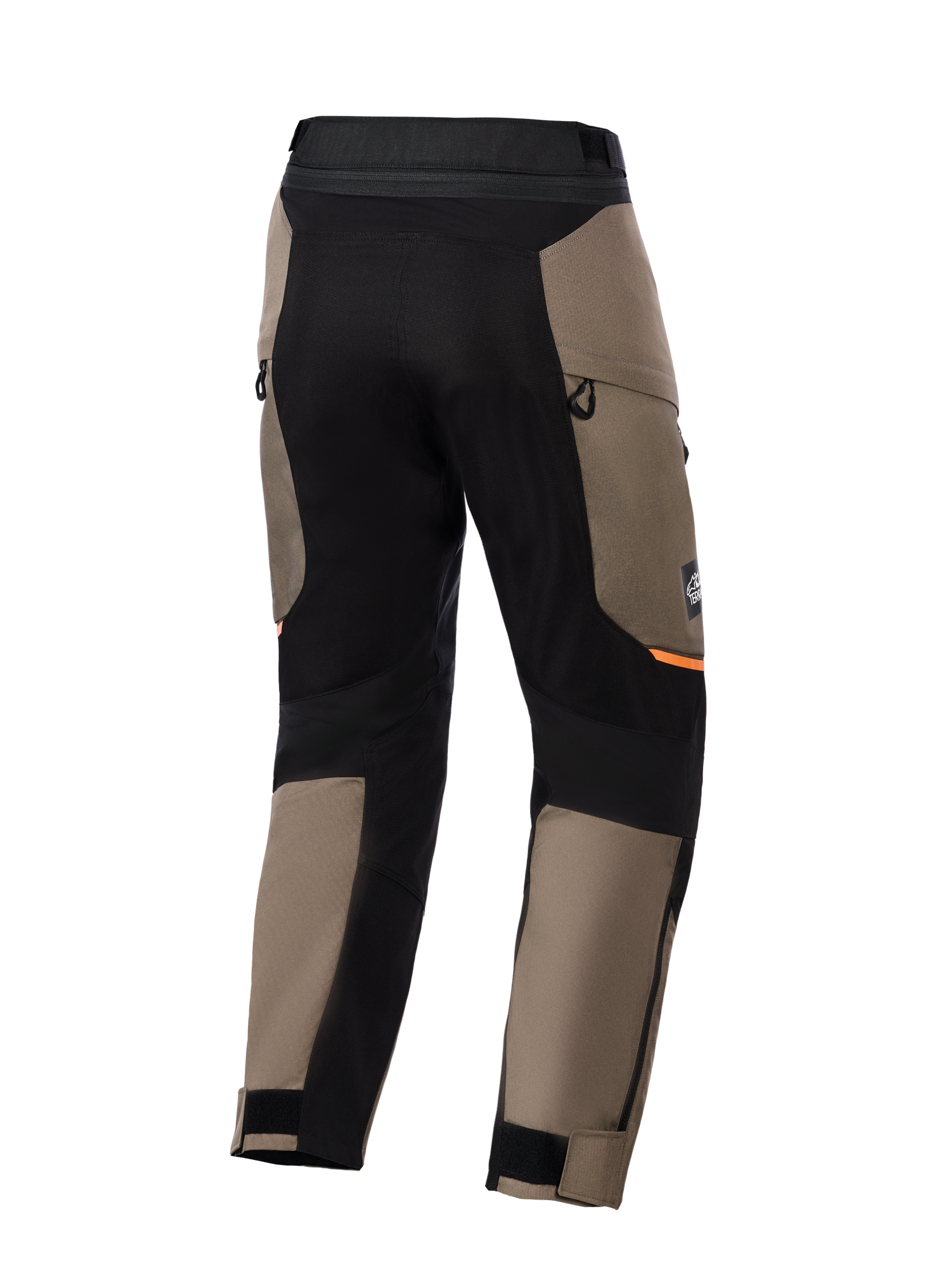 Alpinestars Cusco Drystar® byxor, adventure-motorcykelbyxor, valnötsbruna och svarta, baksida med svarta stretchpaneler, orangea detaljer, ventilationsöppningar med dragkedja och justerbara kardborremanschetter för vägkörning.