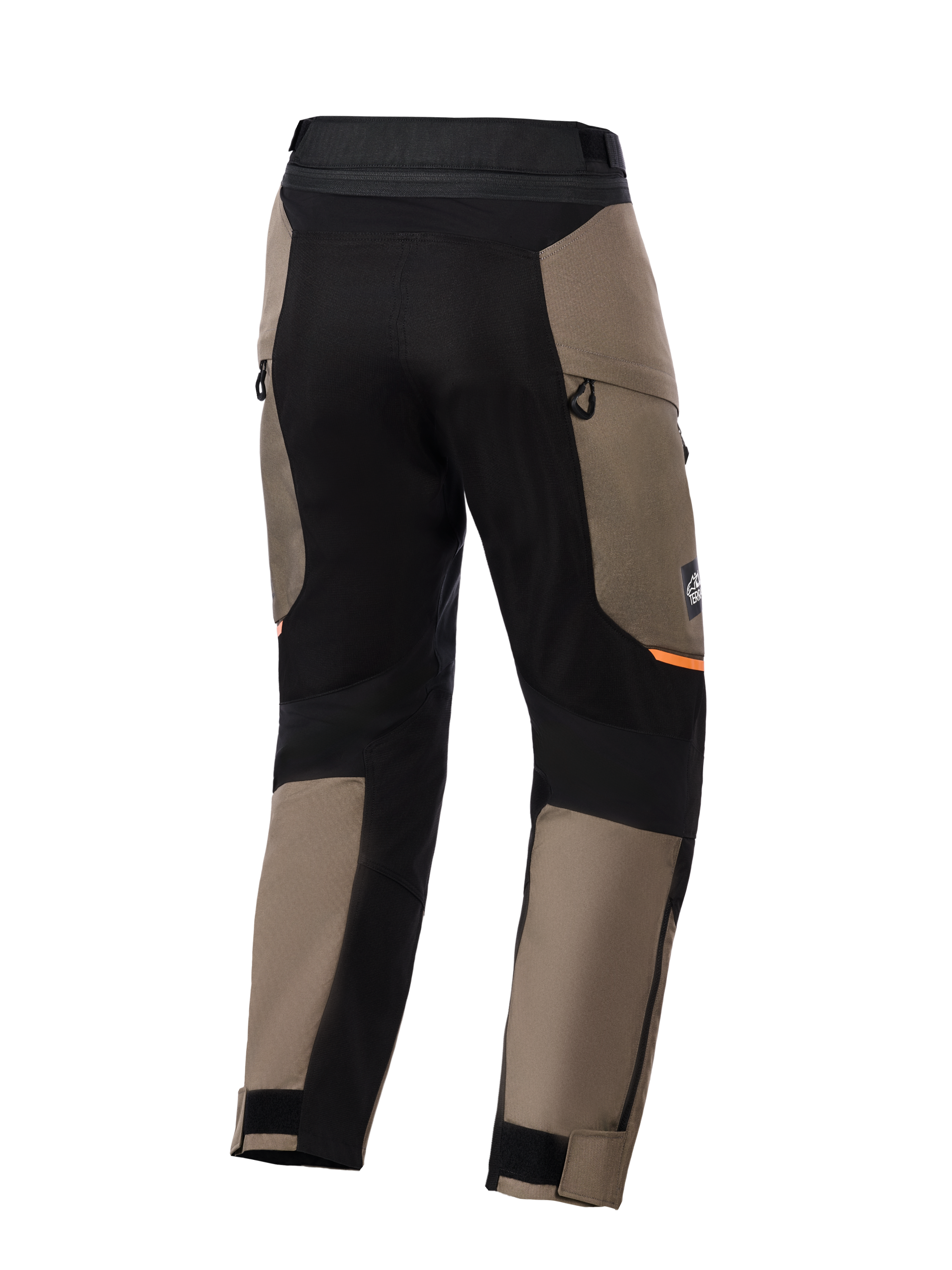 Alpinestars Cusco Drystar® byxor, adventure-motorcykelbyxor, valnötsbruna och svarta, baksida med svarta stretchpaneler, orangea detaljer, ventilationsöppningar med dragkedja och justerbara kardborremanschetter för vägkörning.