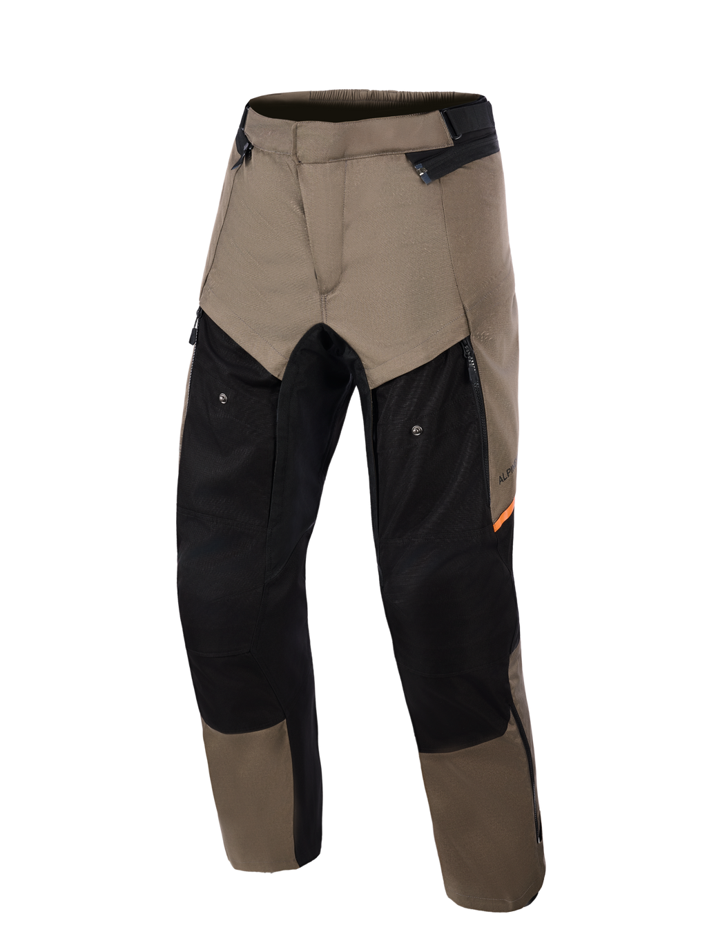 Alpinestars Cusco Drystar®-byxor, äventyrsmotorcykelbyxor i Walnut Black, vy framifrån, bruna och svarta paneler med orangea detaljer, stor lårventilation med dragkedja och hållbar textilkonstruktion