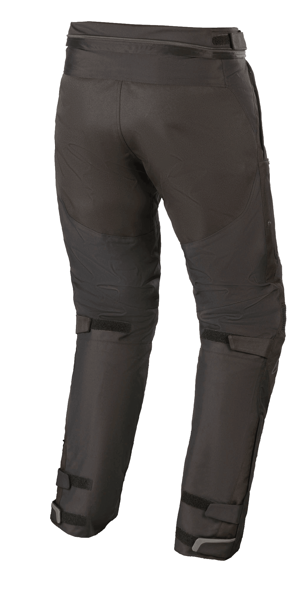 Alpinestars Raider V2 Drystar® byxor, textilbyxor för motorcykel, svarta, vy bakifrån som visar dragkedja i midjan för sammankoppling samt justerbara kardborreband på baksidan av benen och vid anklarna.