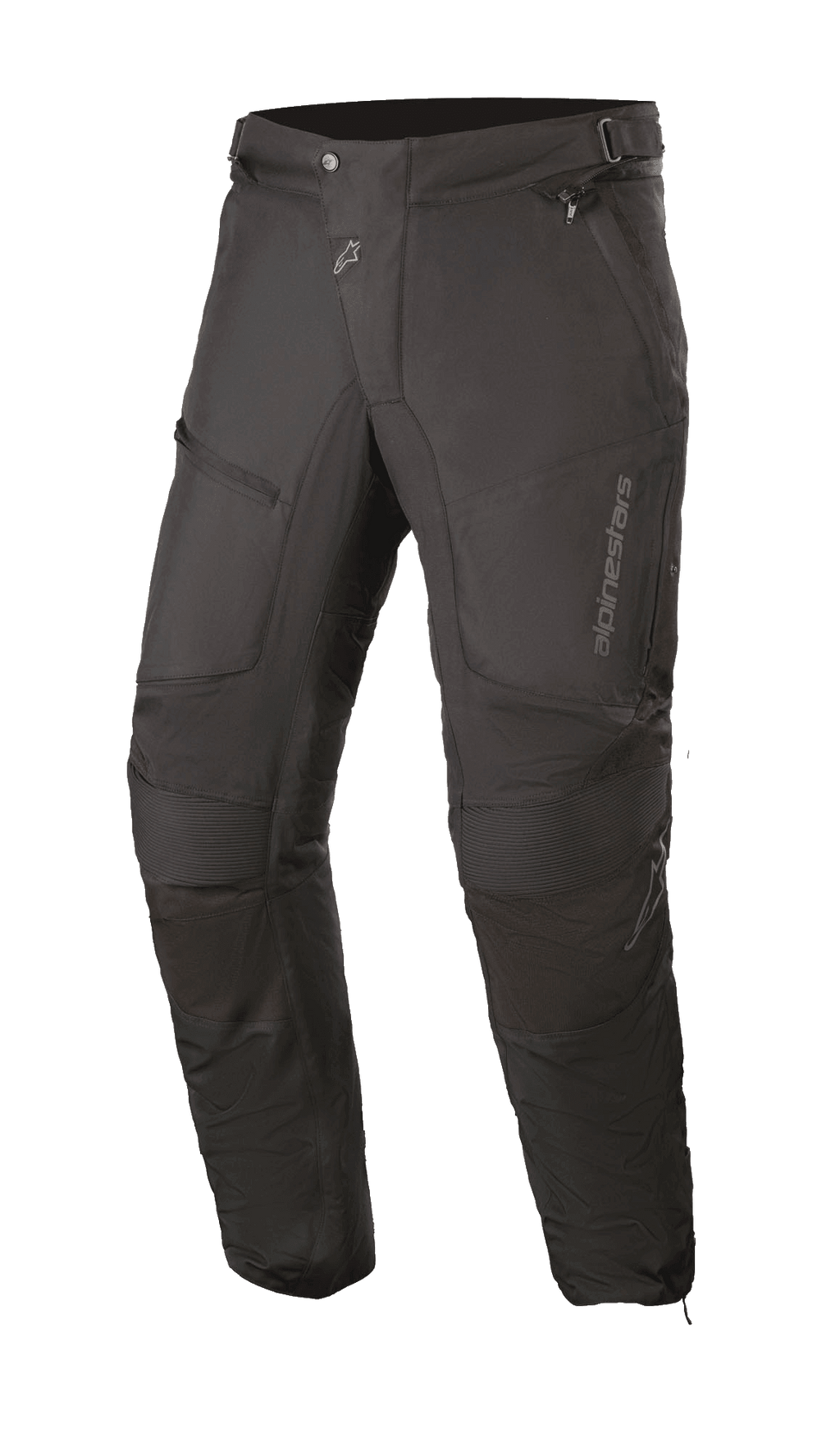 Alpinestars Raider V2 Drystar® byxor, svarta touringbyxor för motorcykel, vattentät textilkonstruktion med dragspelspaneler vid knäna, blixtlåsfickor och justerbar midja, slitstark design för vägkörning i alla väder