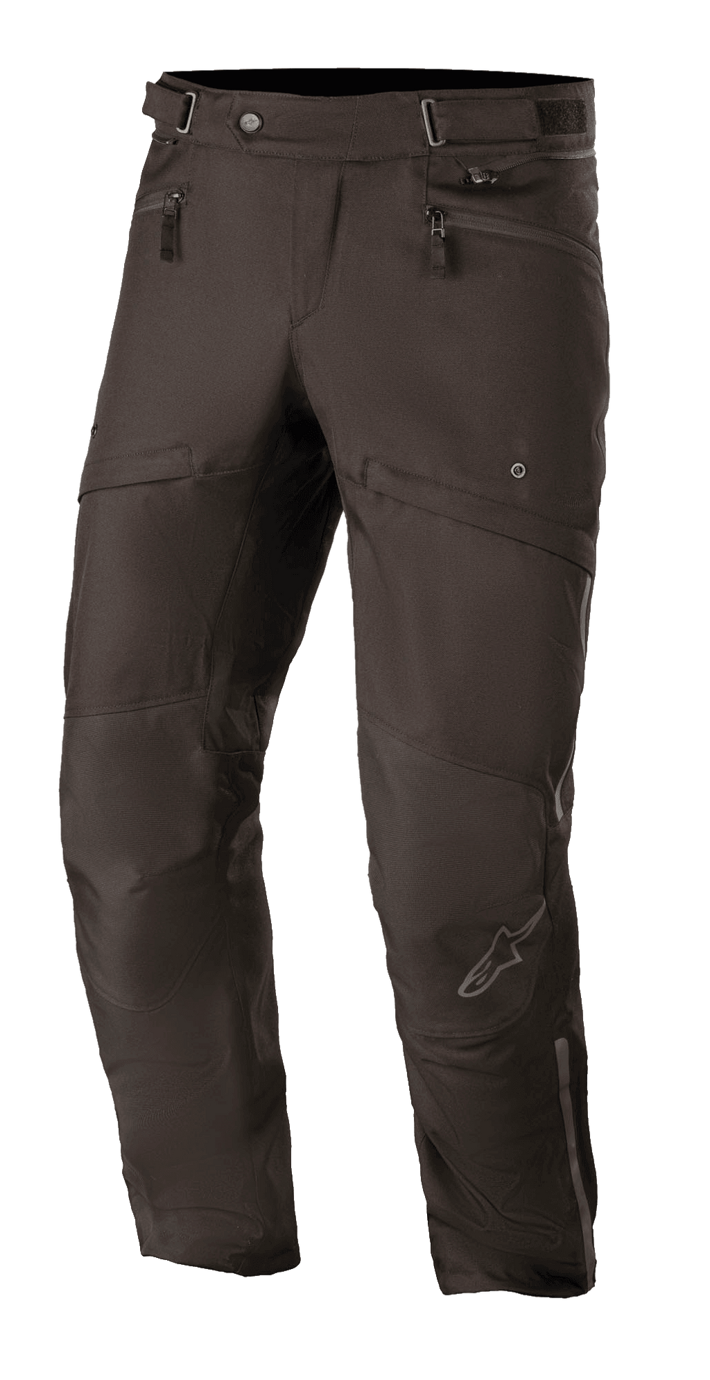 Alpinestars AST-1 V2 Waterproof Pants, svarta, touringbyxor för motorcykel, slitstarkt textilmaterial, handfickor med dragkedja, justerbart midjebälte, förböjd knädesign med diskret stjärnlogotyp, smidig allvädersutrustning