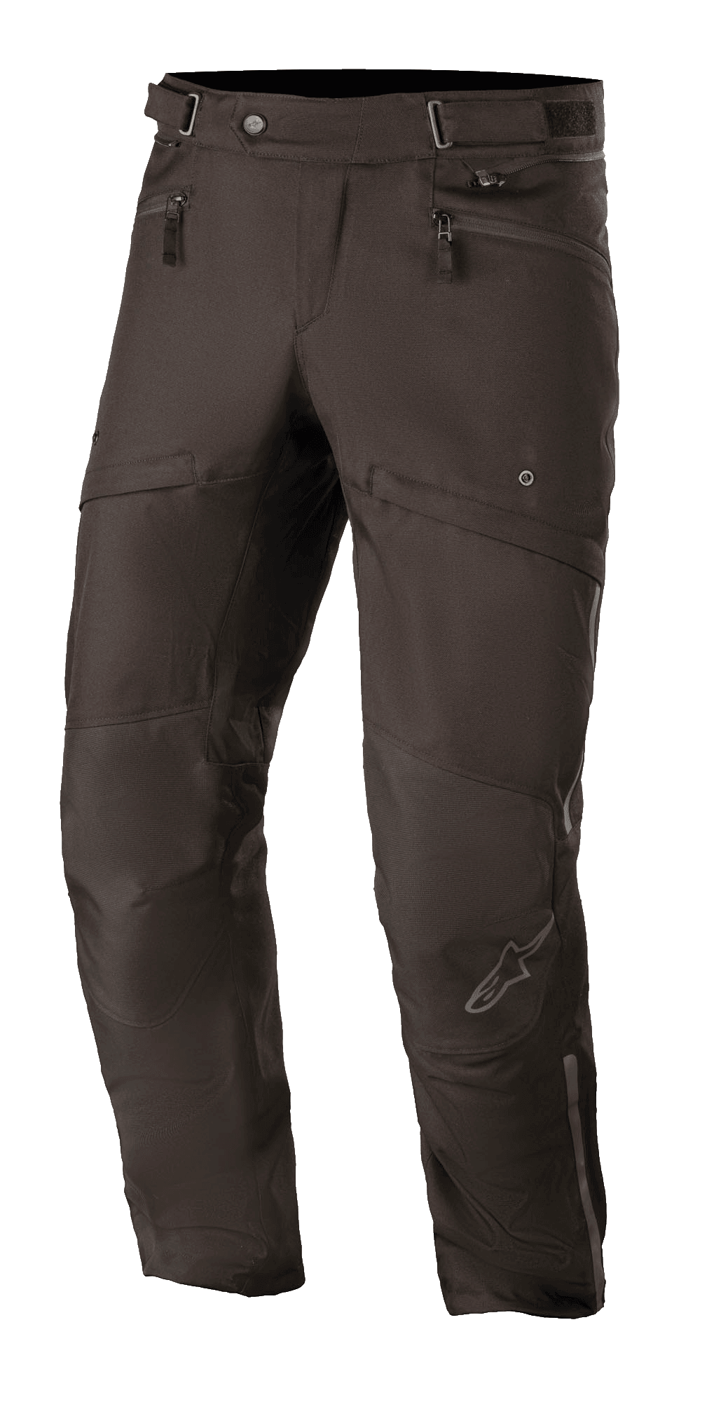 Alpinestars AST-1 V2 Waterproof Pants, svarta, touringbyxor för motorcykel, slitstarkt textilmaterial, handfickor med dragkedja, justerbart midjebälte, förböjd knädesign med diskret stjärnlogotyp, smidig allvädersutrustning
