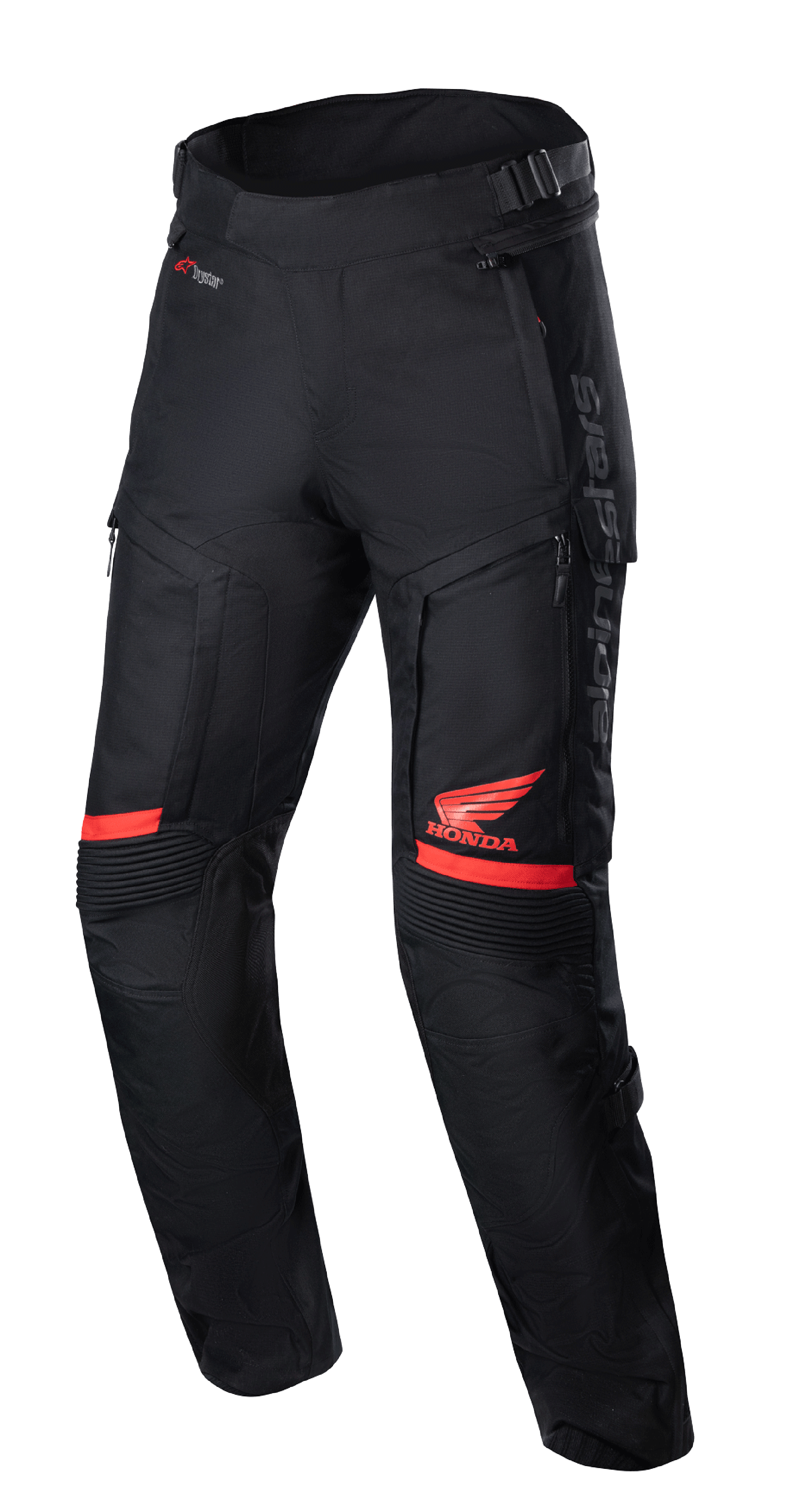 Honda Bogota' Pro Drystar® Pants, Motorcycle Touring Pants, Black and Red, featuring red Honda Wing logo on the thigh, accordion stretch panels at the knees, technical textile construction, adjustable waist straps, and Alpinestars branding
