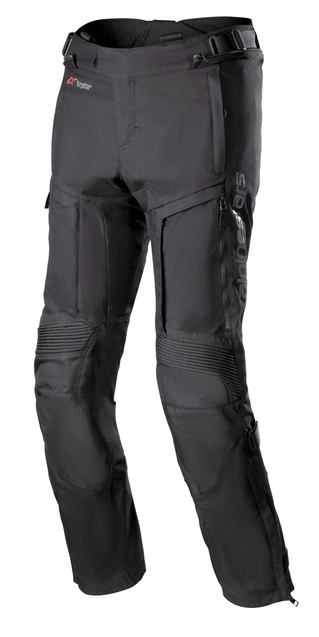 Alpinestars Bogota Pro Drystar 3 Seasons Pants, Black Motorcycle Touring Pants, featuring zippered ventilation on thighs, accordion stretch panels at knees, adjustable waist straps, and durable textile fabric with Drystar branding.