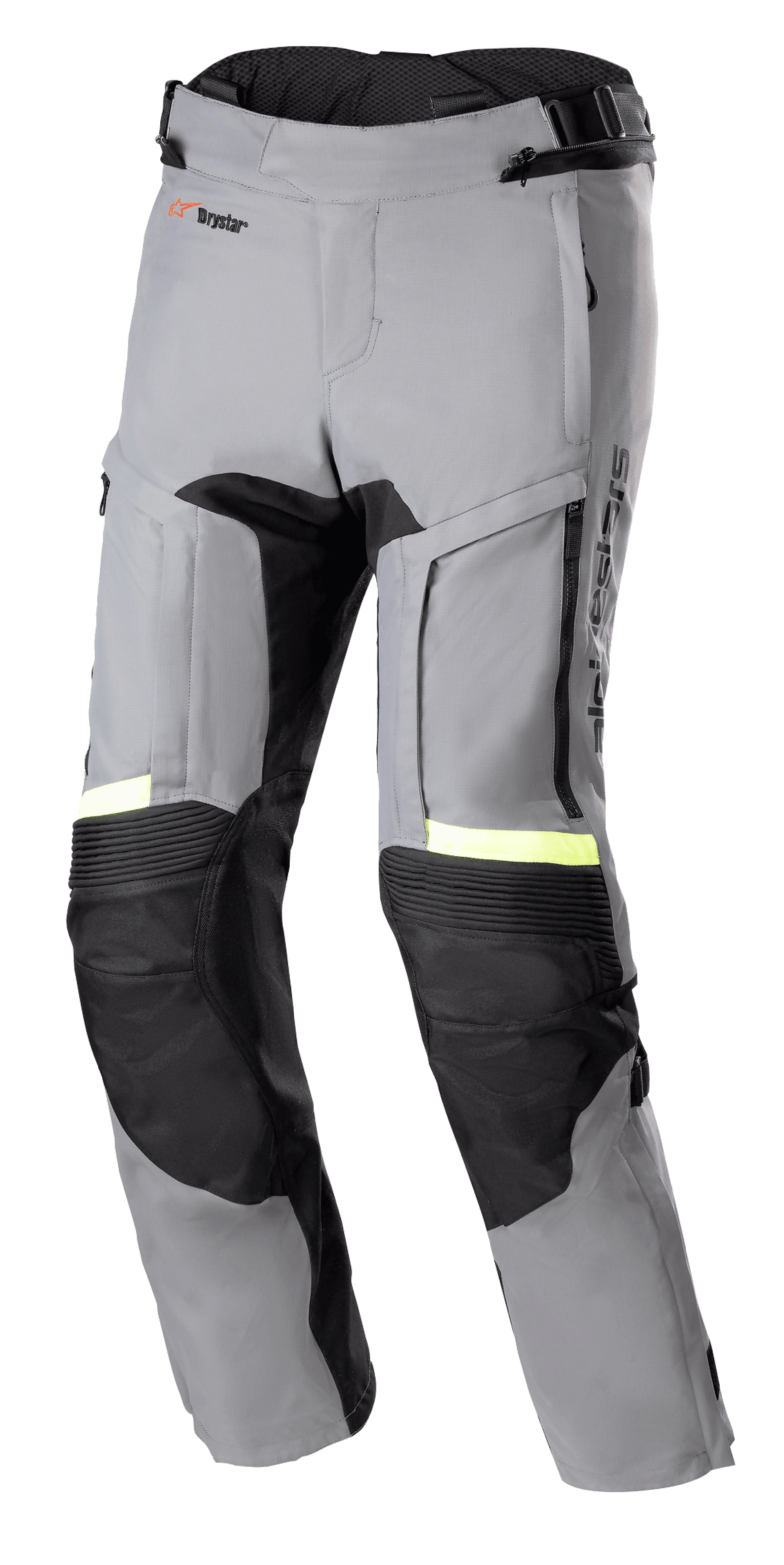 Alpinestars Bogota' Pro Drystar® 3 Seasons Pants, Dark Gray and Black Motorcycle Adventure Touring Pants, Neon Yellow Fluorescent Reflective Accents, featuring zippered thigh ventilation panels, accordian stretch knees, and reinforced protective panels.