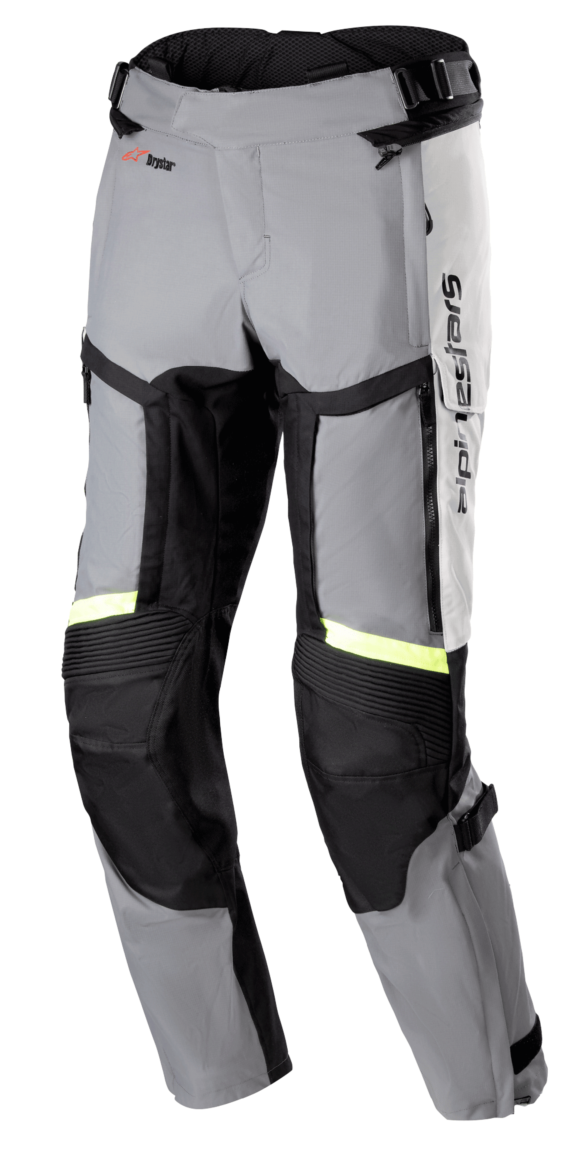 Alpinestars Bogota Pro Drystar 4 Seasons Pants, Regular fit motorcycle touring pants, Ice Gray and Dark Gray with Yellow Fluo reflective strips, featuring large thigh ventilation panels, accordion stretch on knees, and adjustable waist straps, adventure riding gear