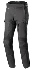 Alpinestars Bogota Pro Drystar 4 Seasons Pants - Long, Black Adventure Motorcycle Touring Pants, featuring ribbed stretch panels at the knees and zippered ventilation panels on the thighs, adjustable waist straps with buckles, and a durable technical textile construction for all-weather protection.