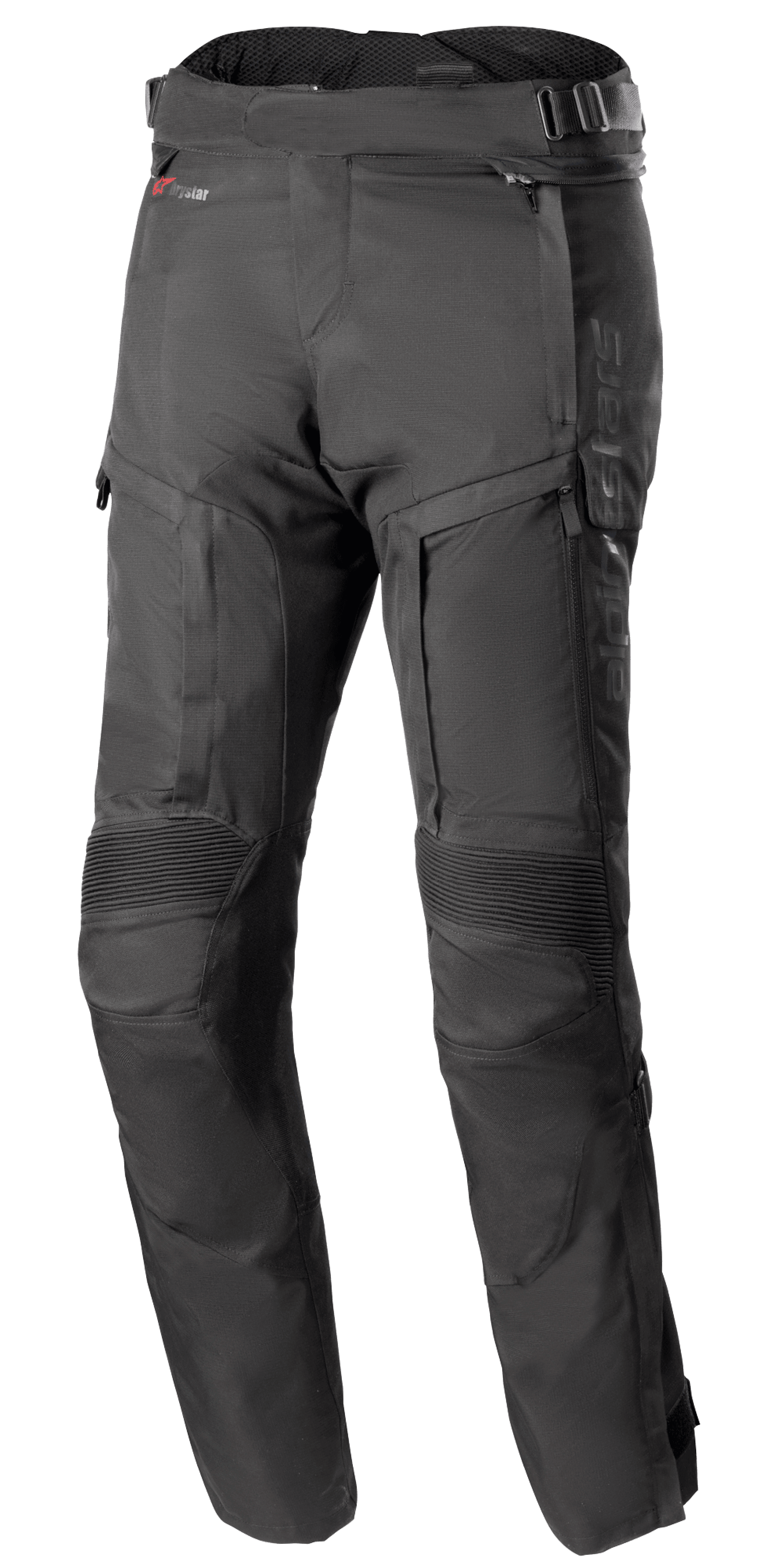 Alpinestars Bogota Pro Drystar 4 Seasons Pants - Long, Black Adventure Motorcycle Touring Pants, featuring ribbed stretch panels at the knees and zippered ventilation panels on the thighs, adjustable waist straps with buckles, and a durable technical textile construction for all-weather protection.