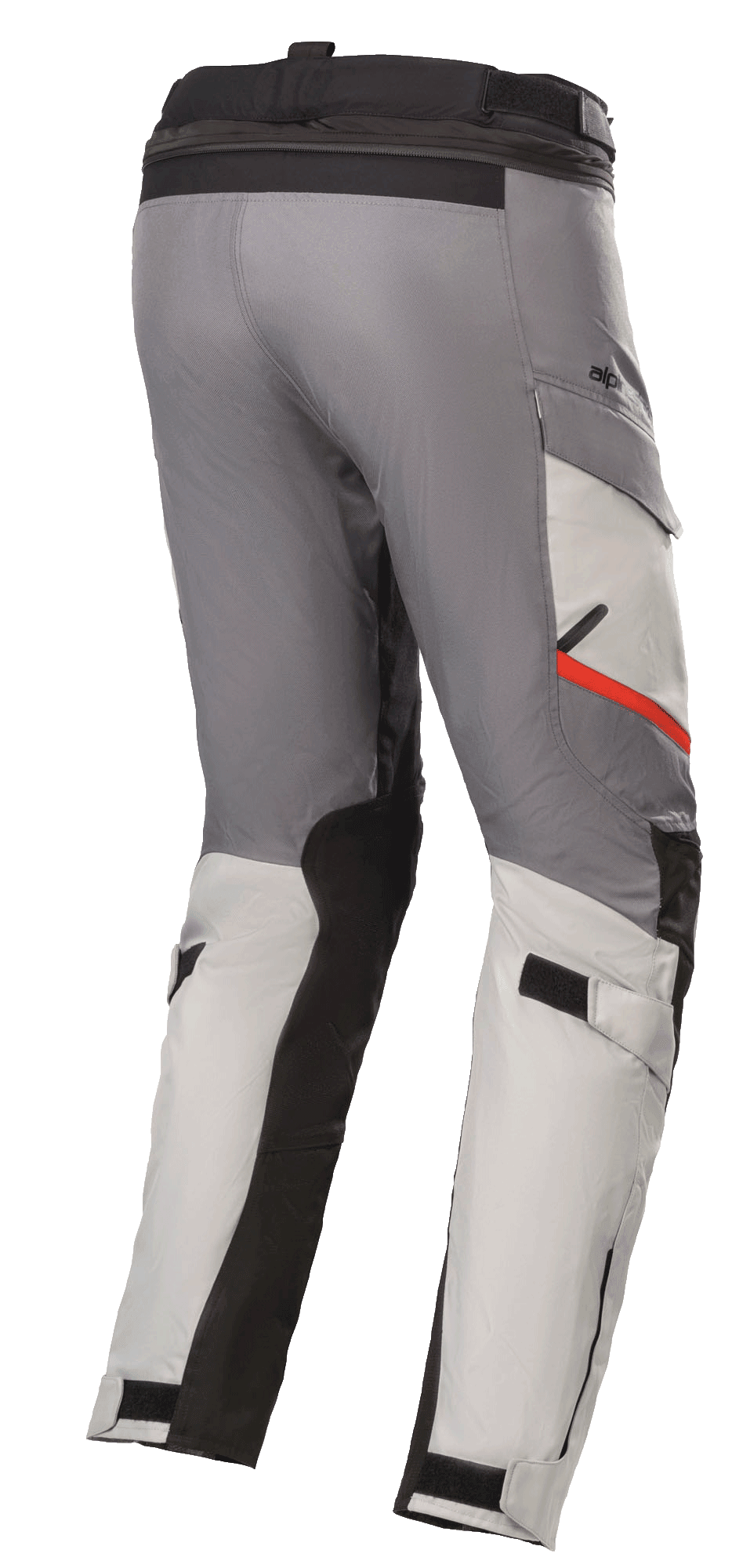 Alpinestars Andes V3 Drystar® byxor, motorcykelbyxor för touring, isgrå och mörkgrå, med svarta förstärkningspaneler och en röd accent på fickan, justerbara remmar vid midja och vader, slitstark textilkonstruktion för äventyrskörning