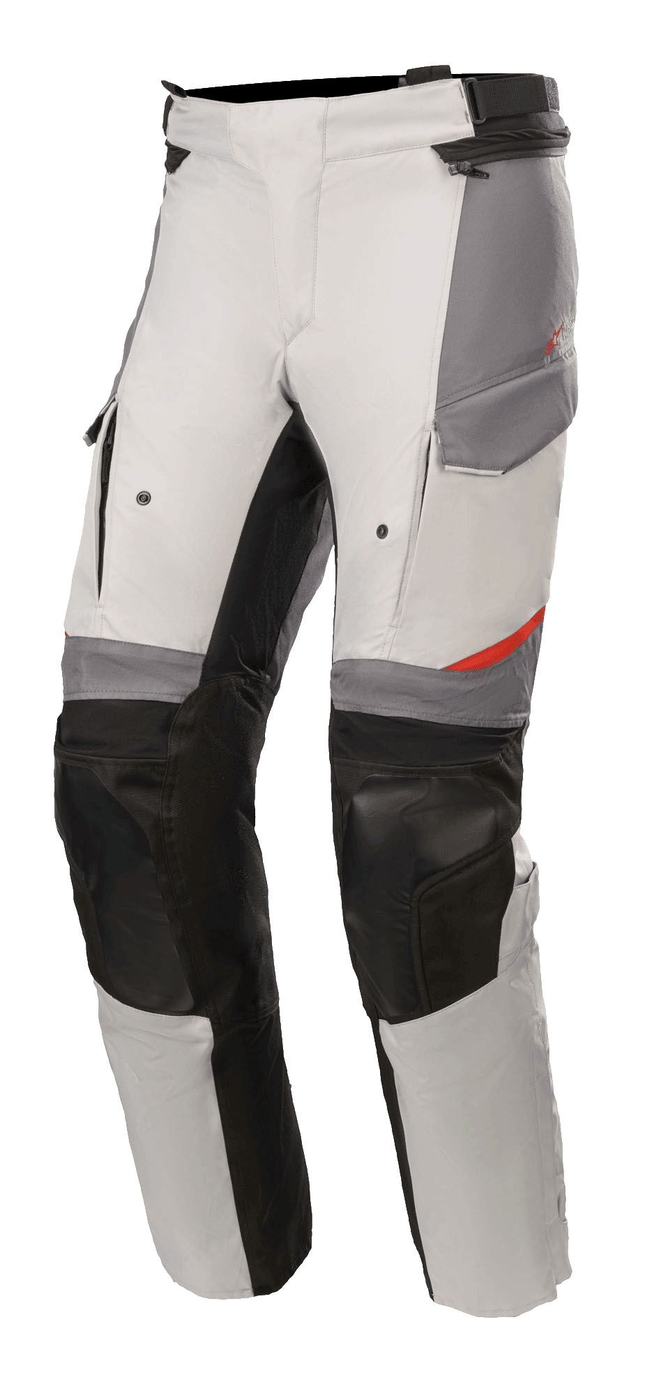Alpinestars Andes V3 Drystar®-byxor, adventure touring-byxor för motorcykel, isgrå och mörkgrå med svarta detaljer, med förstärkta knäpaneler, cargofickor och justerbar midjerem, slitstarkt textilmaterial med röda detaljer