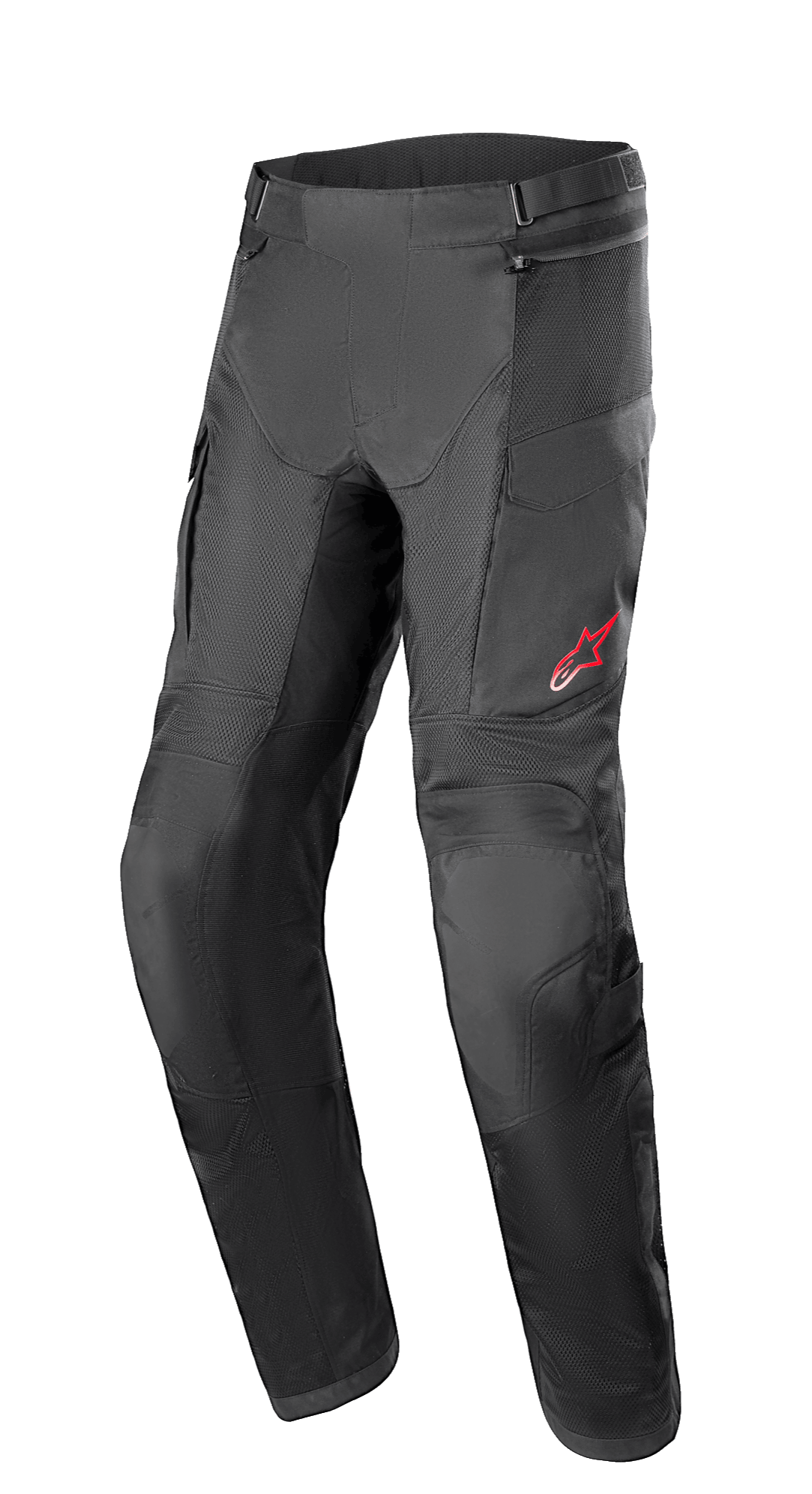 Alpinestars Andes Air Drystar® Pants, Adventure Touring Motorcycle Pants, Black, featuring extensive mesh panels for ventilation, red star logo on the left thigh, adjustable waist straps, and reinforced knee sections, designed for touring comfort.