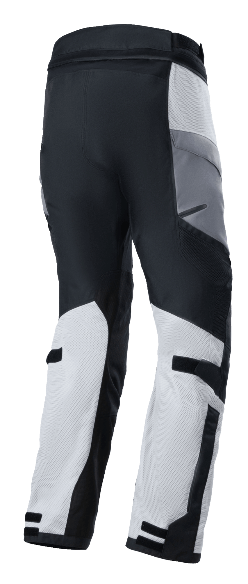 Alpinestars Andes Air Drystar® Pants, Adventure Touring Motorcycle Pants, Ice Gray Dark Gray Black, rear view featuring breathable mesh panels for airflow and adjustable straps on the calves, technical textile design for dual-season riding.