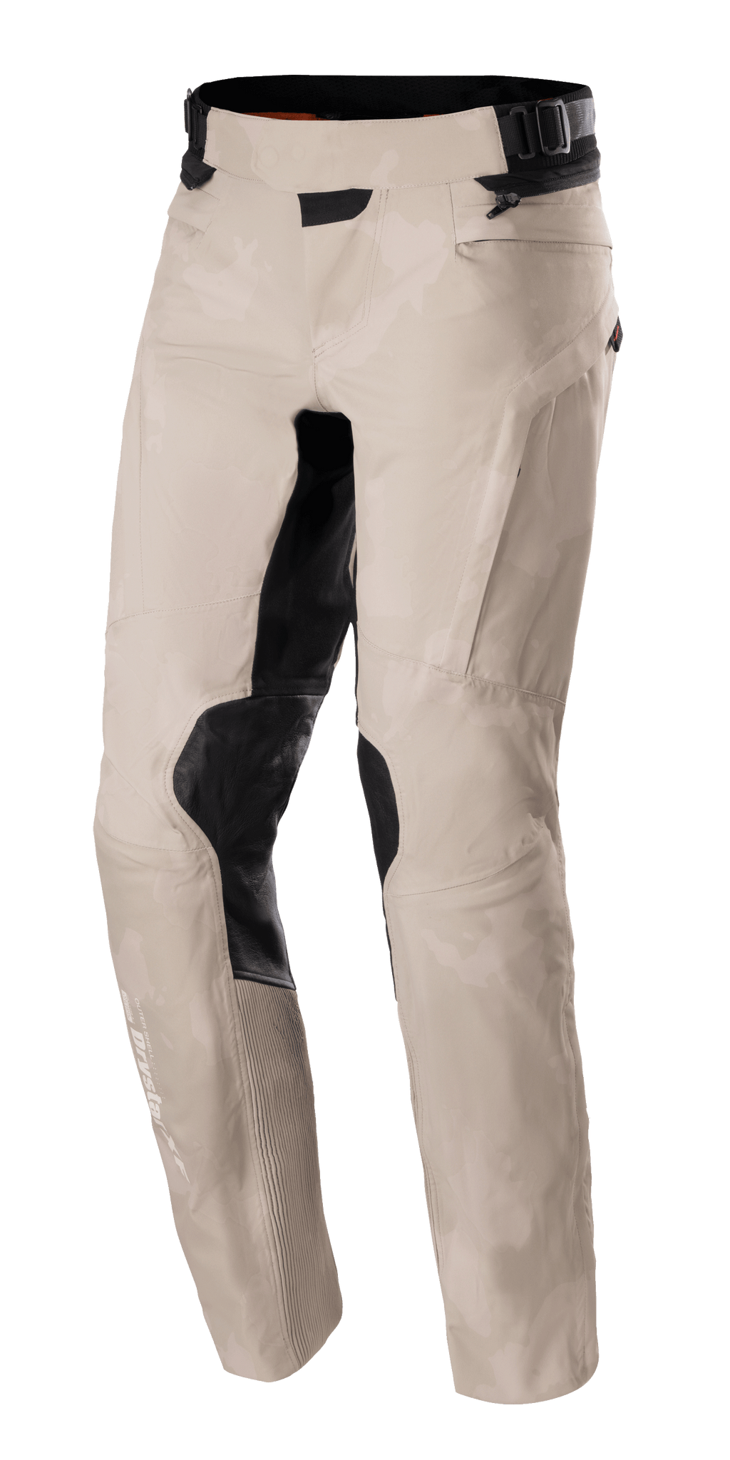 Alpinestars AMT-10LAB Drystar® XF-byxor, äventyrsmotorcykelbyxor, Aluminum Camo, ljusgrått kamouflagemönster med svarta förstärkta paneler på knäna och innerlåren, teknisk textilkonstruktion med justerbar midja och Drystar-logotyp på underbenet