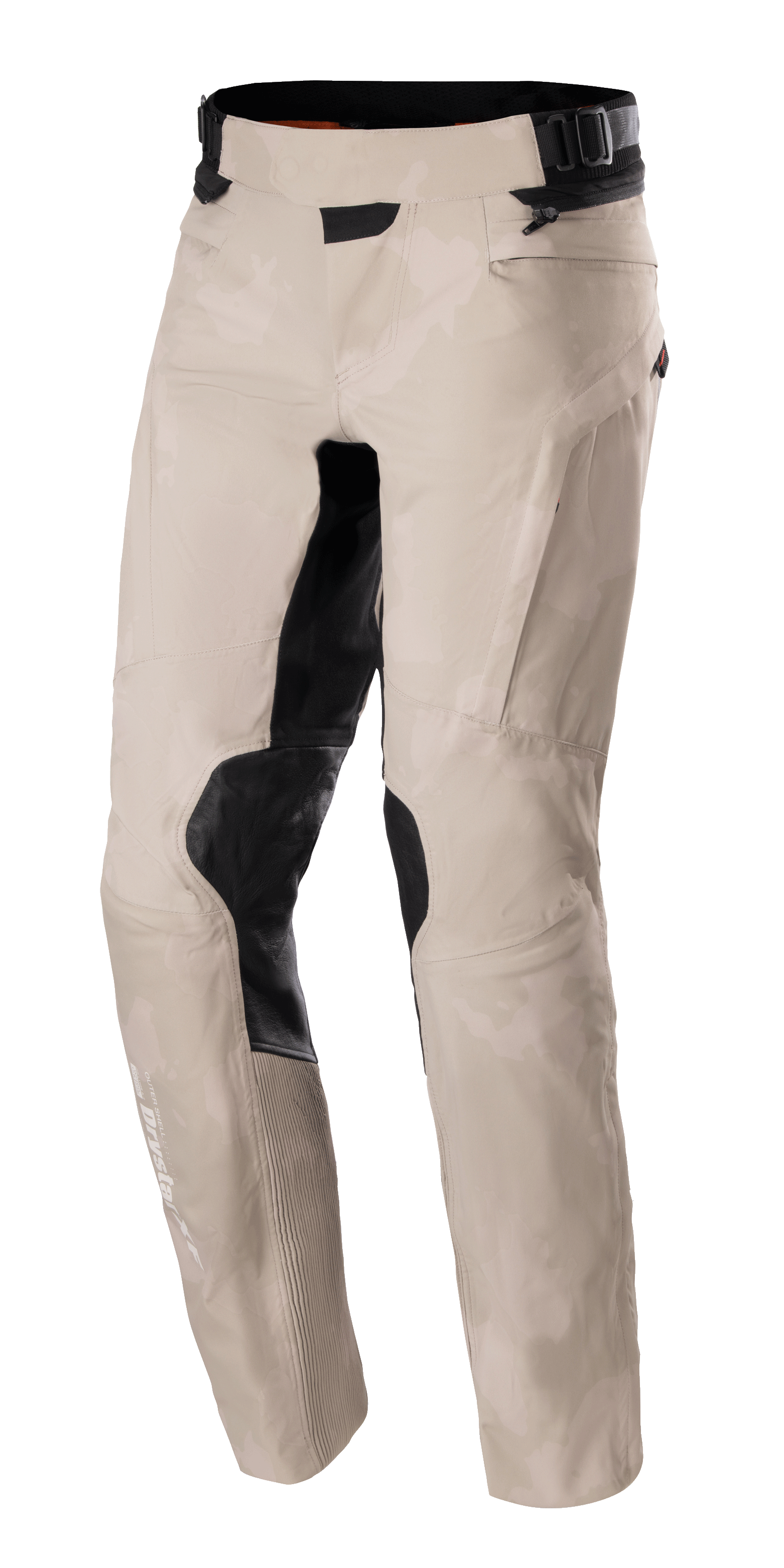 Alpinestars AMT-10LAB Drystar® XF-byxor, äventyrsmotorcykelbyxor, Aluminum Camo, ljusgrått kamouflagemönster med svarta förstärkta paneler på knäna och innerlåren, teknisk textilkonstruktion med justerbar midja och Drystar-logotyp på underbenet