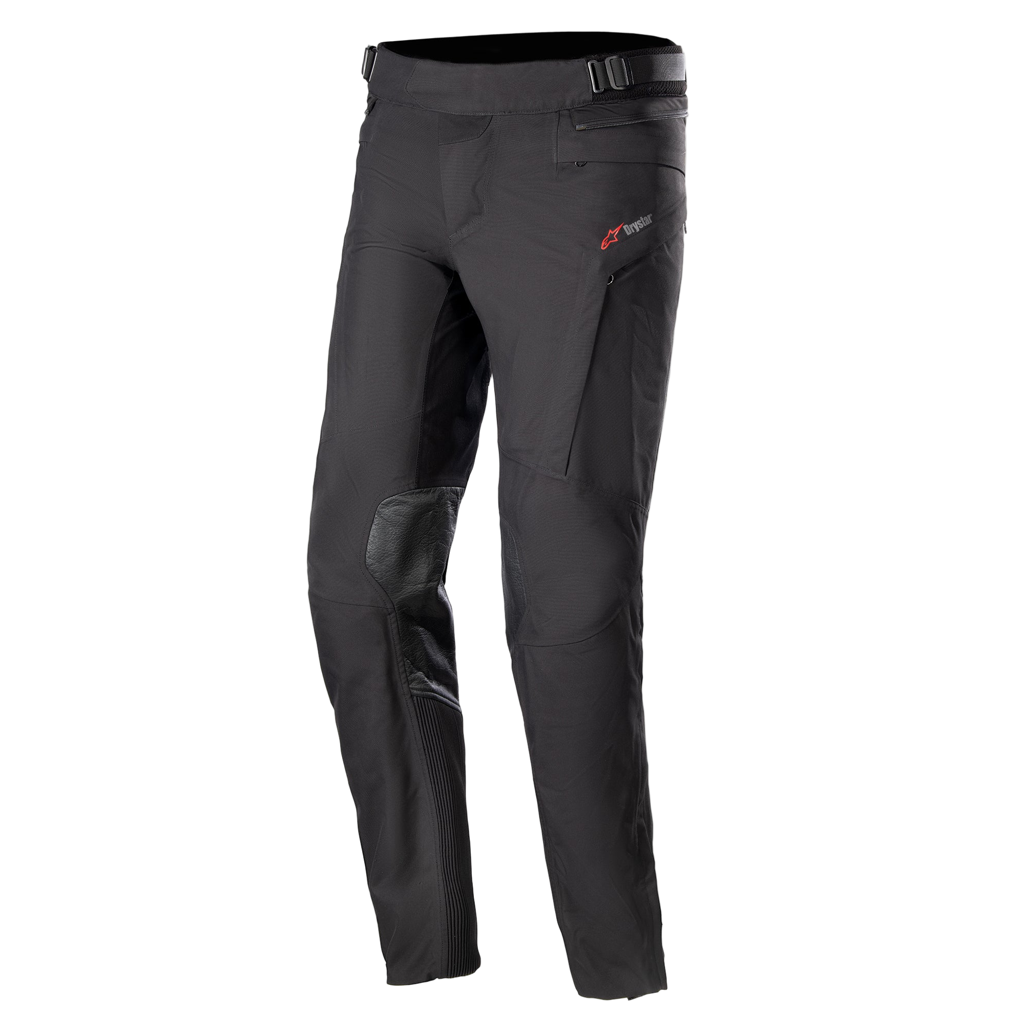 Alpinestars AMT-10 Drystar® XF byxor, touringbyxor för motorcykel, svarta, med röd logotyp på höften, förstärkta knäpaneler, dragspelspaneler på underbenen, justerbar midja och fickor med dragkedja, teknisk textilkonstruktion för äventyrskörning