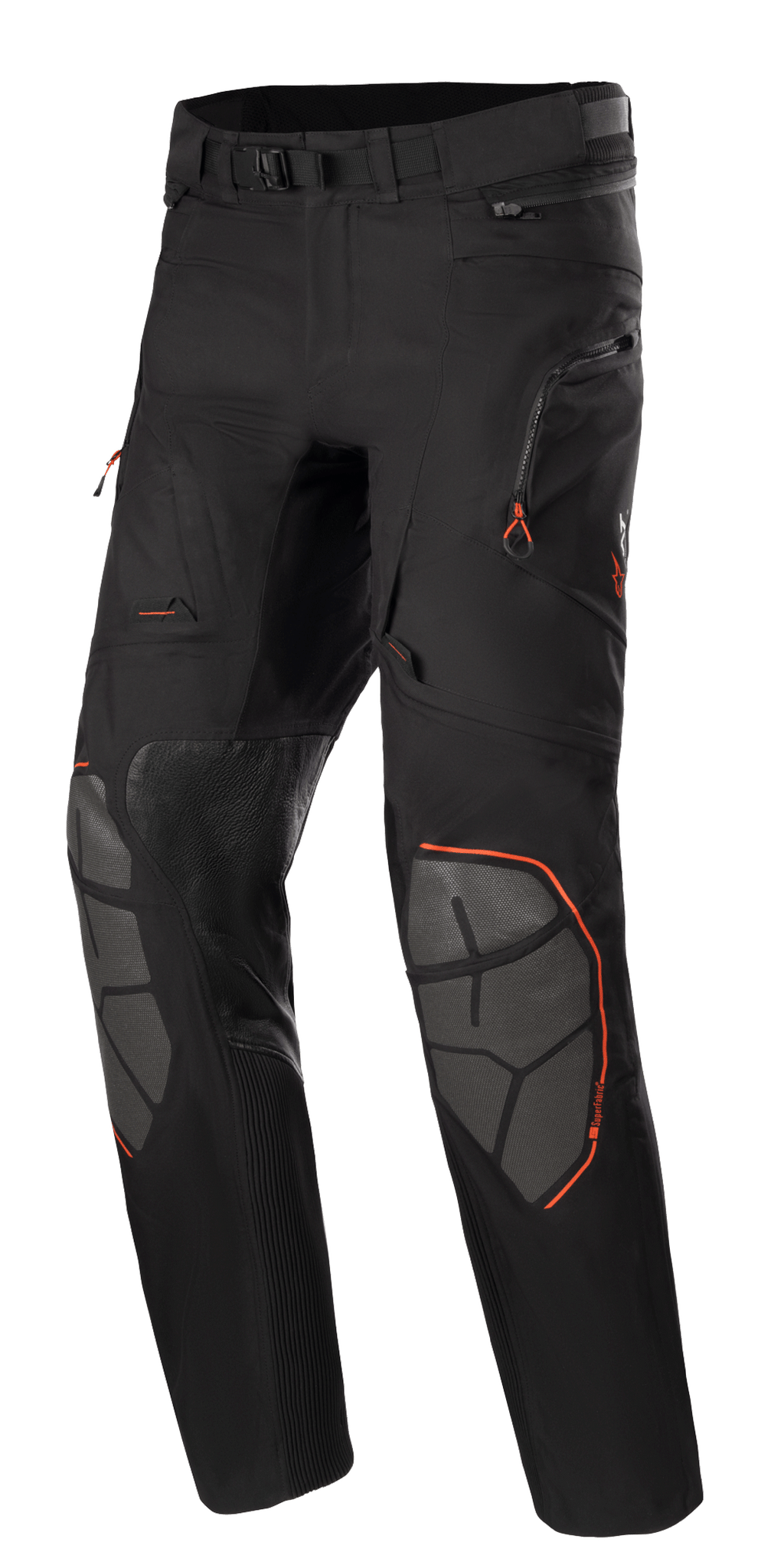 Alpinestars AMT-10R Drystar XF Pants, Adventure Touring Motorcycle Pants, Black with Orange Accents, featuring grey Superfabric knee reinforcements, adjustable waist belt, zippered pockets, and waterproof laminated design