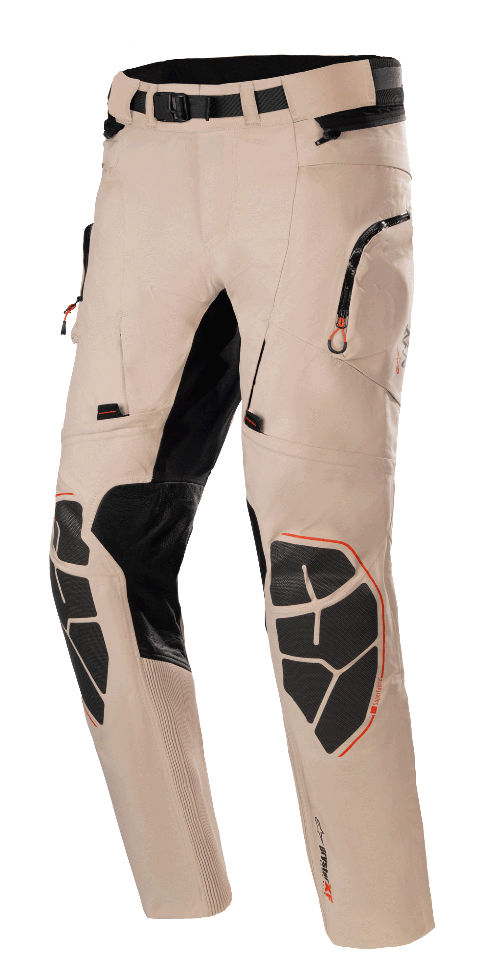 Alpinestars AMT-10R Drystar Xf byxor, motorcykelbyxor för touring och adventure, ljusbruna med svarta och orangea detaljer, vattentät konstruktion som andas, förstärkta Superfabric-knäskydd, justerbart midjebälte, fickor med dragkedja och stretchpaneler för ökad flexibilitet