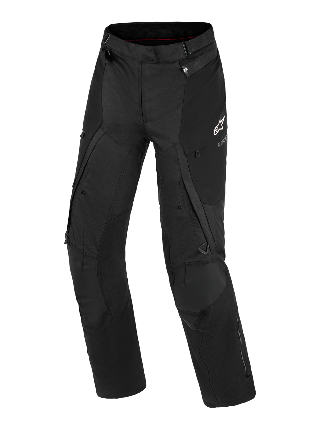 Alpinestars Stella Andes V4 Drystar® byxor, äventyrsmotorcykelbyxor för dam, svarta, vy framifrån som visar teknisk textilkonstruktion, vit Alpinestars-logotyp på vänster lår, cargofickor och ventilationsdragkedjor, slitstark MC-utrustning för alla väder