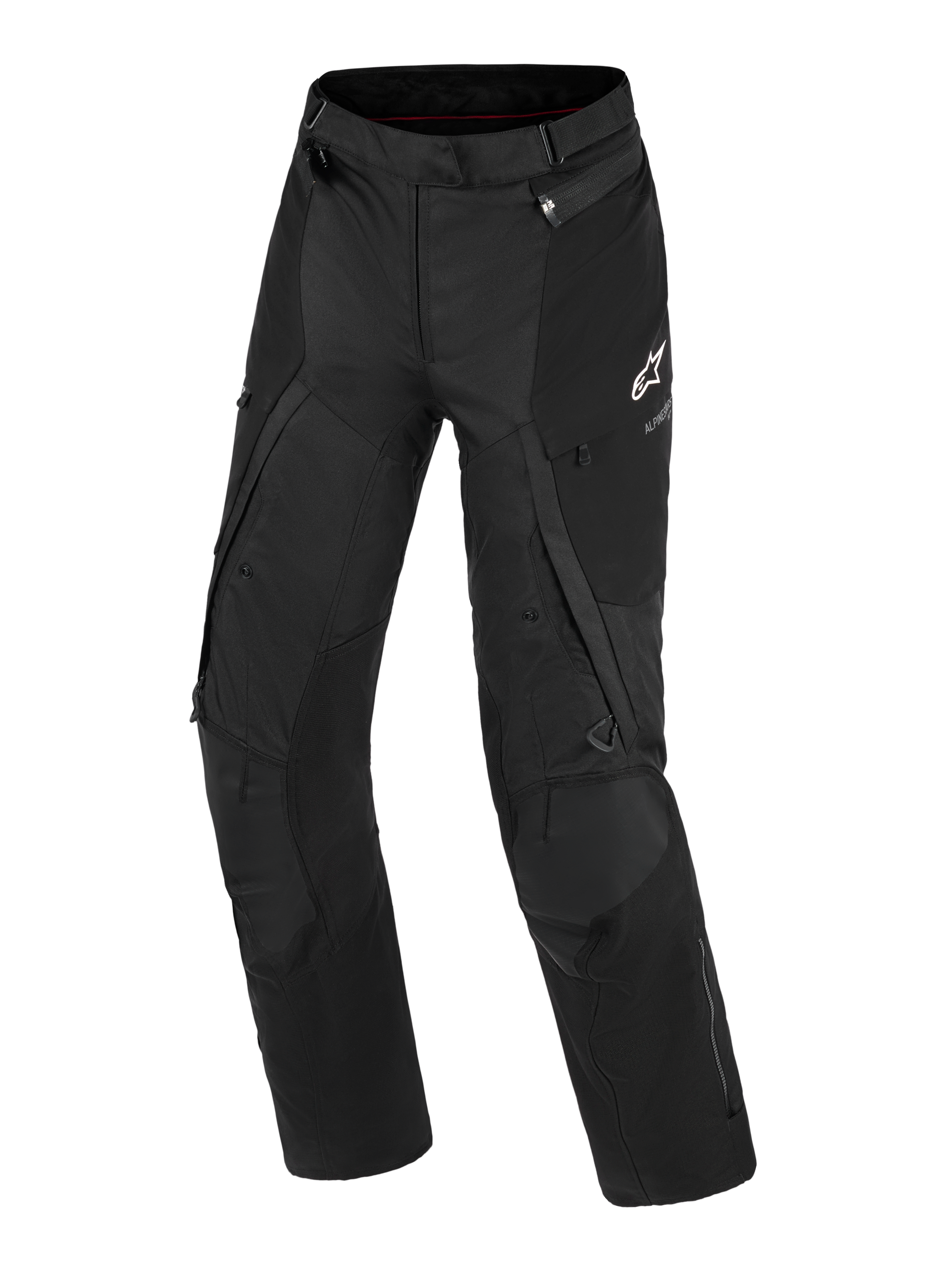 Alpinestars Stella Andes V4 Drystar® byxor, äventyrsmotorcykelbyxor för dam, svarta, vy framifrån som visar teknisk textilkonstruktion, vit Alpinestars-logotyp på vänster lår, cargofickor och ventilationsdragkedjor, slitstark MC-utrustning för alla väder