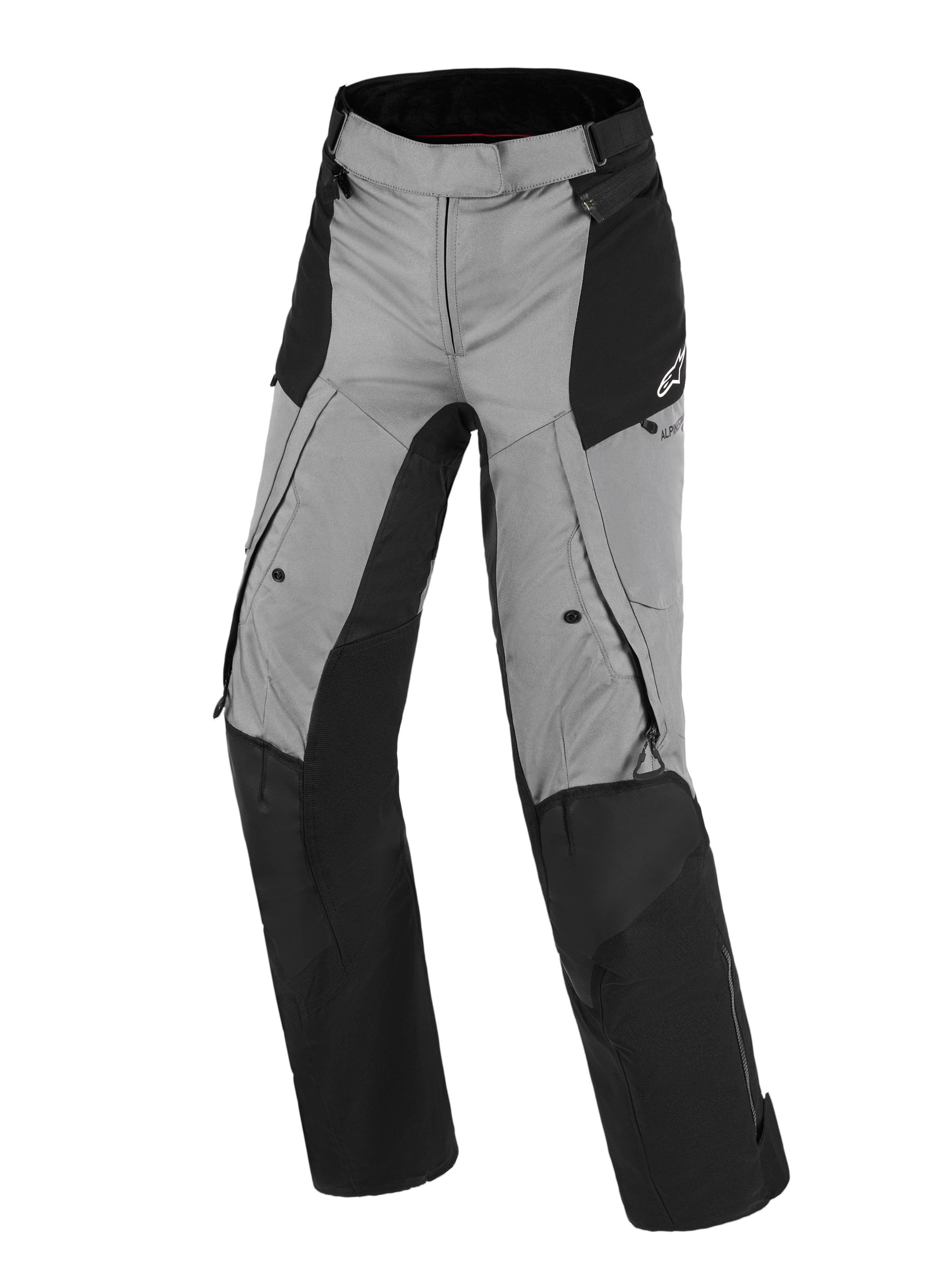 Alpinestars Stella Andes V4 Drystar®-byxor, motorcykelbyxor för dam, svarta och mörkgrå, adventure touring-design med vattentät textil, förstärkta områden vid knän och säte, ventilationsöppningar och fickor med dragkedja, Alpinestars-logotyp på höften