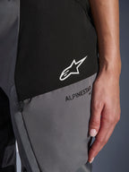 Närbild på Alpinestars Stella Andes V4 Drystar®-byxor för damer i svart och mörkgrått, med en vit stjärnlogotyp på en svart panel och svart Alpinestars-märkning på en grå panel, som visar tekniskt textilmaterial och detalj av ficka med dragkedja.