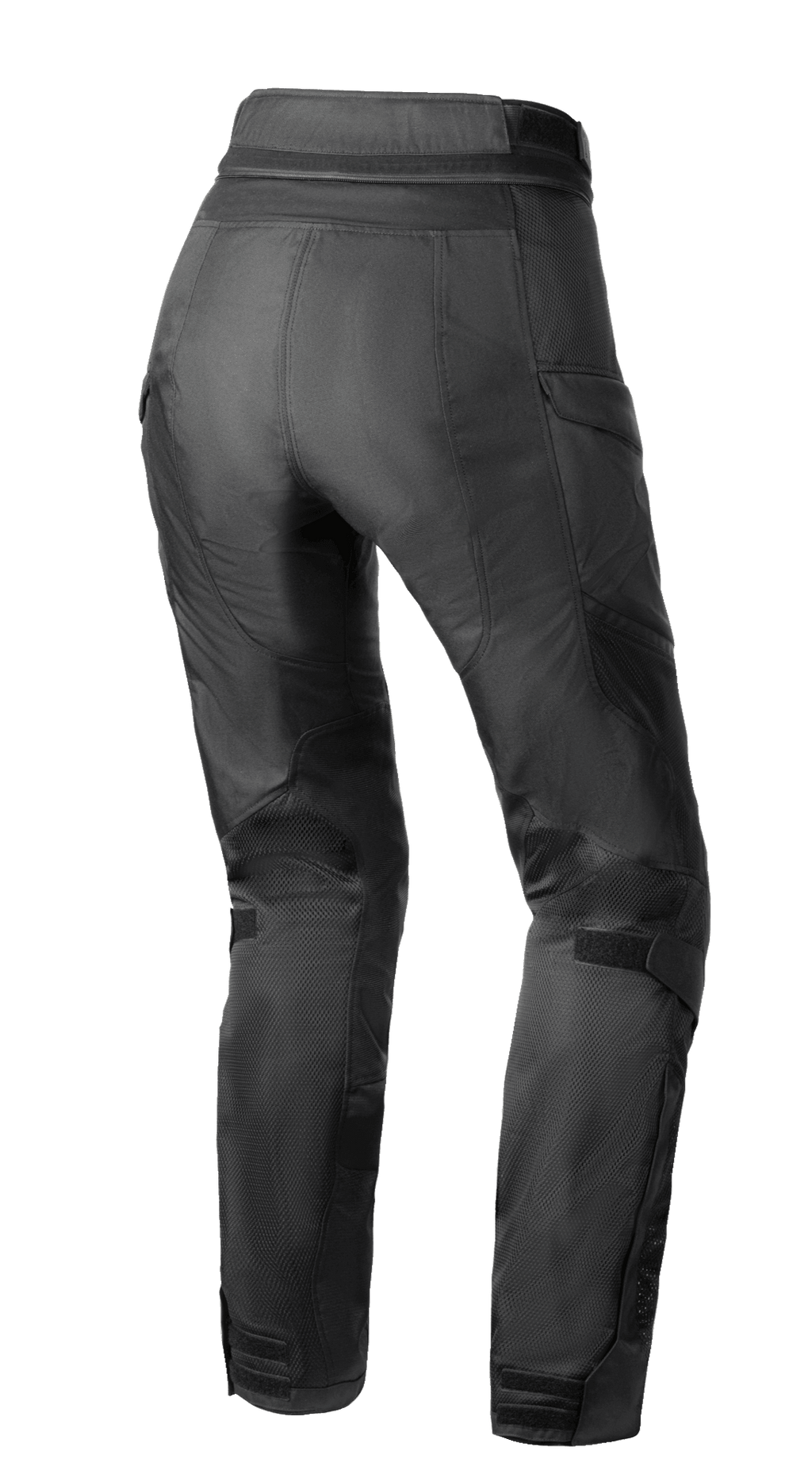 Alpinestars Stella Andes Air Drystar®-byxor, motorcykelbyxor för dam, svarta, vy bakifrån som visar mesh-ventilation på vader och lår, förlängd nedre del av ryggen och dragkedja för anslutning i midjan