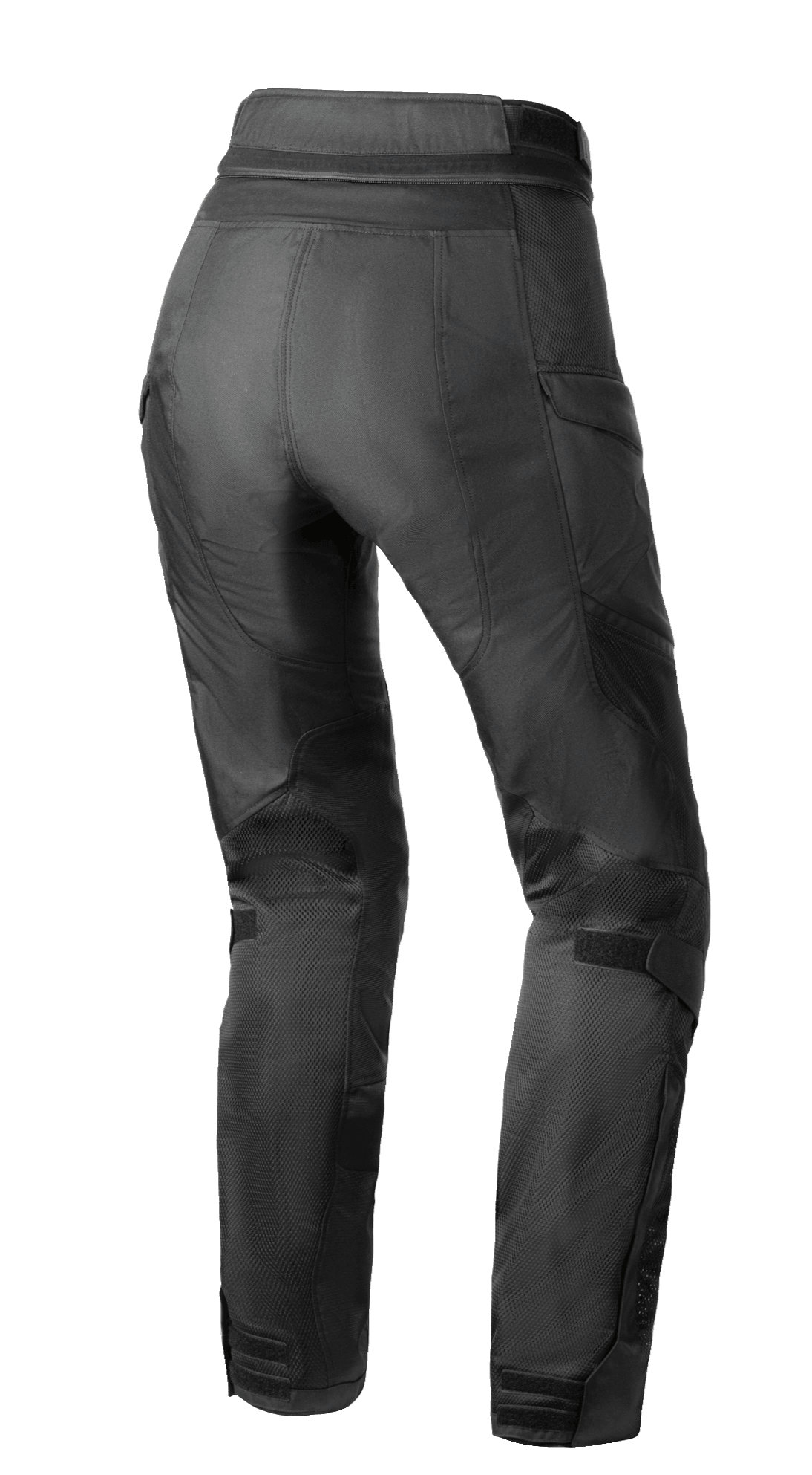 Alpinestars Stella Andes Air Drystar®-byxor, motorcykelbyxor för dam, svarta, vy bakifrån som visar mesh-ventilation på vader och lår, förlängd nedre del av ryggen och dragkedja för anslutning i midjan