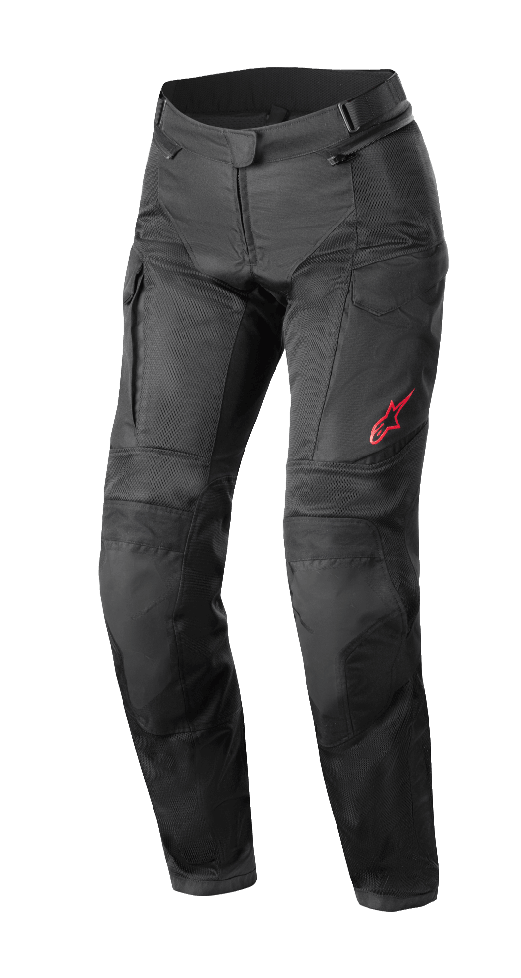 Alpinestars Stella Andes Air Drystar® Pants, touringbyxor för dam, svarta, med stora meshpaneler för ventilation, cargo-fickor och en röd Alpinestars-logotyp på vänster lår, teknisk textildesign för användning under flera säsonger