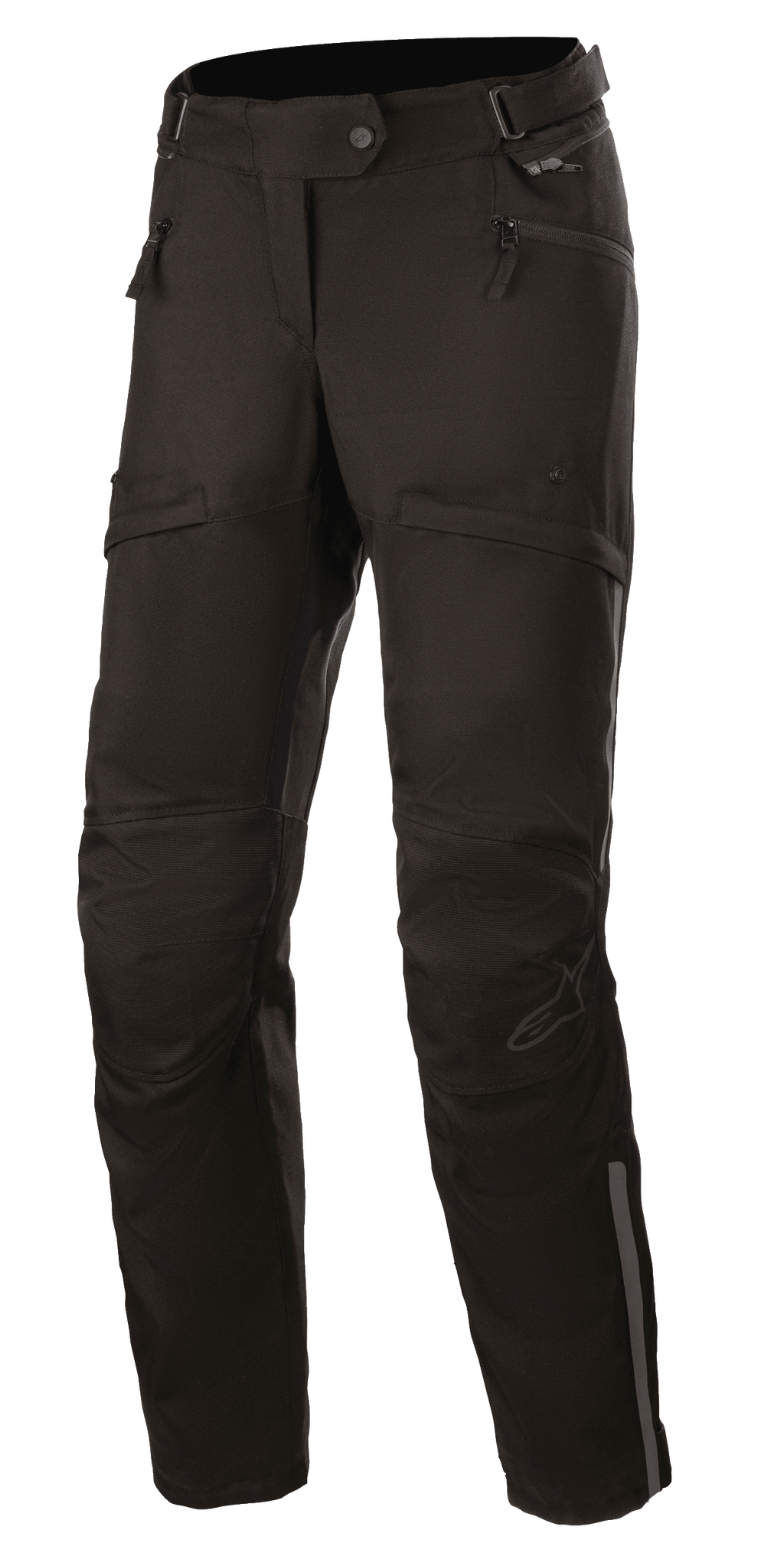 Alpinestars Stella AST-1 V2 Waterproof Pants, Women's Motorcycle Touring Pants, Black, featuring zippered hand pockets, reinforced knee panels, adjustable waist belt, and reflective accents.
