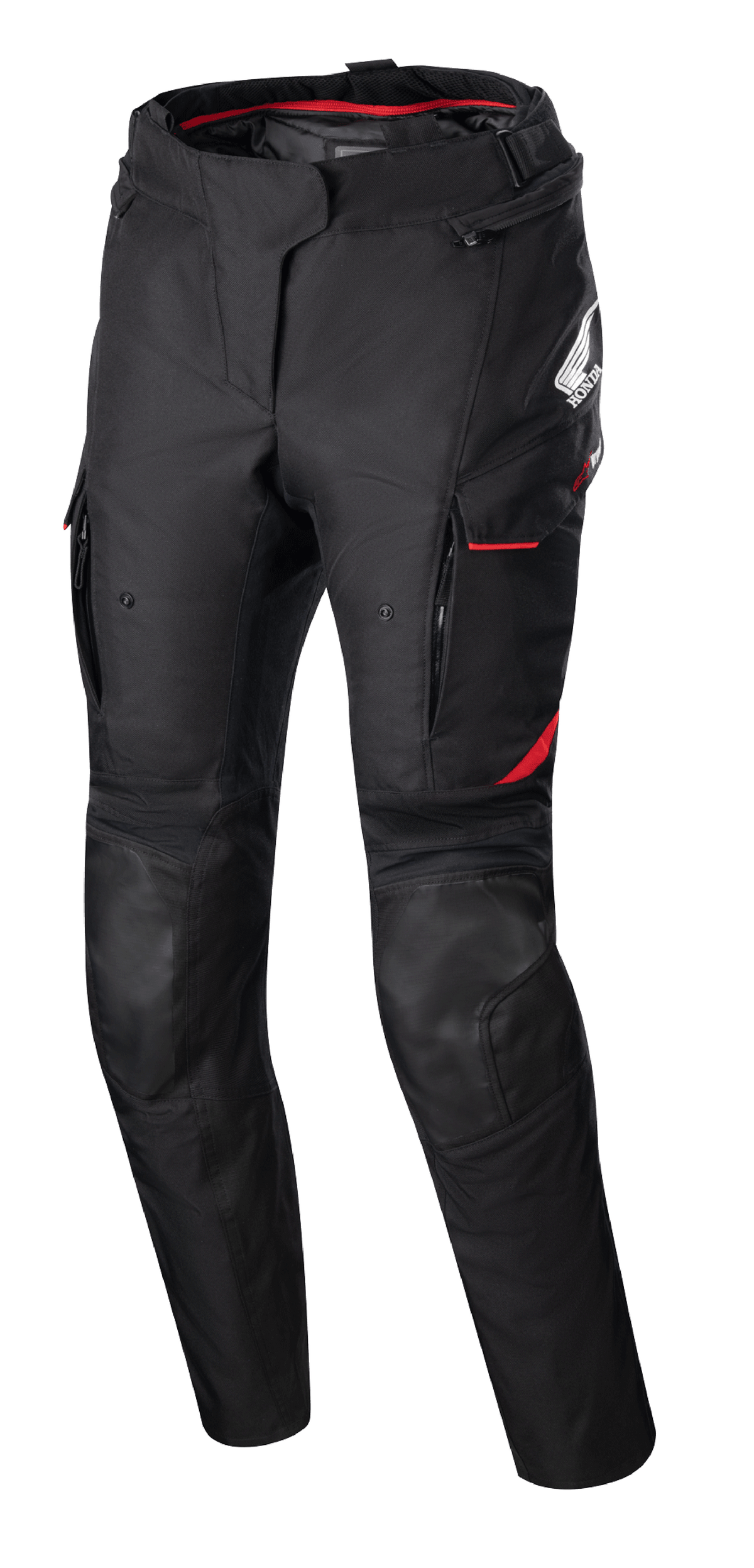 Women Stella Honda Andes V3 Drystar® Pants, textile motorcycle pants, Black with Bright Red accents, featuring Honda and Alpinestars branding, cargo pockets with red trim, reinforced knee panels, adjustable waist strap, and red interior lining at the waist
