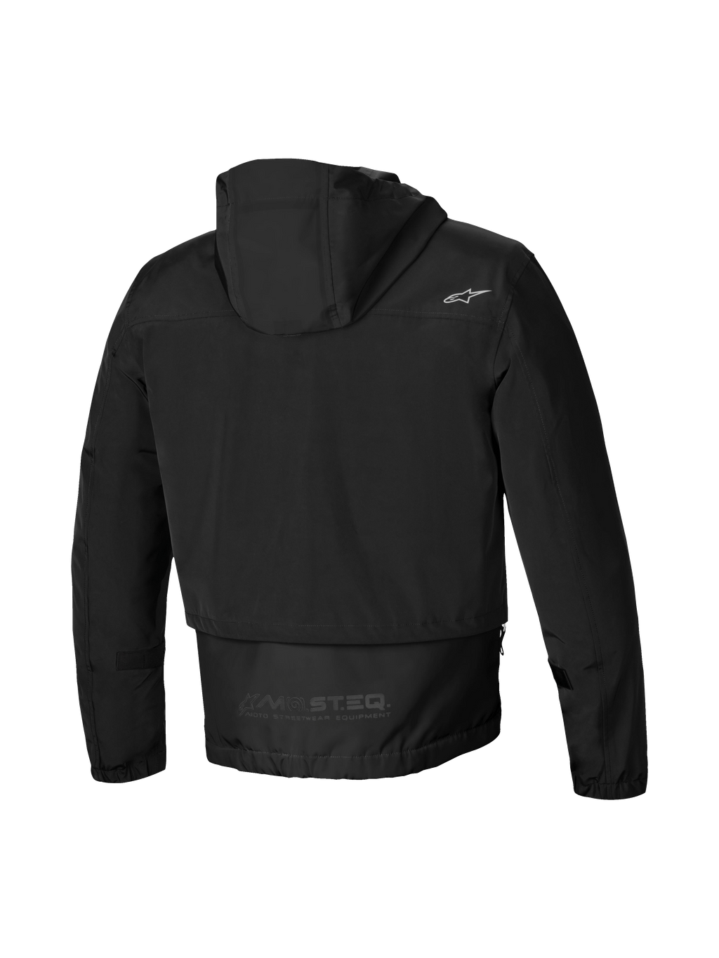 Alpinestars Mootant Waterproof Parka, men's black motorcycle jacket, rear view showing the hood, extended back coverage, and MO.ST.EQ. reflective wordmark
