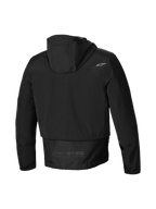 Alpinestars Mootant Waterproof Parka, men's black motorcycle jacket, rear view showing the hood, extended back coverage, and MO.ST.EQ. reflective wordmark