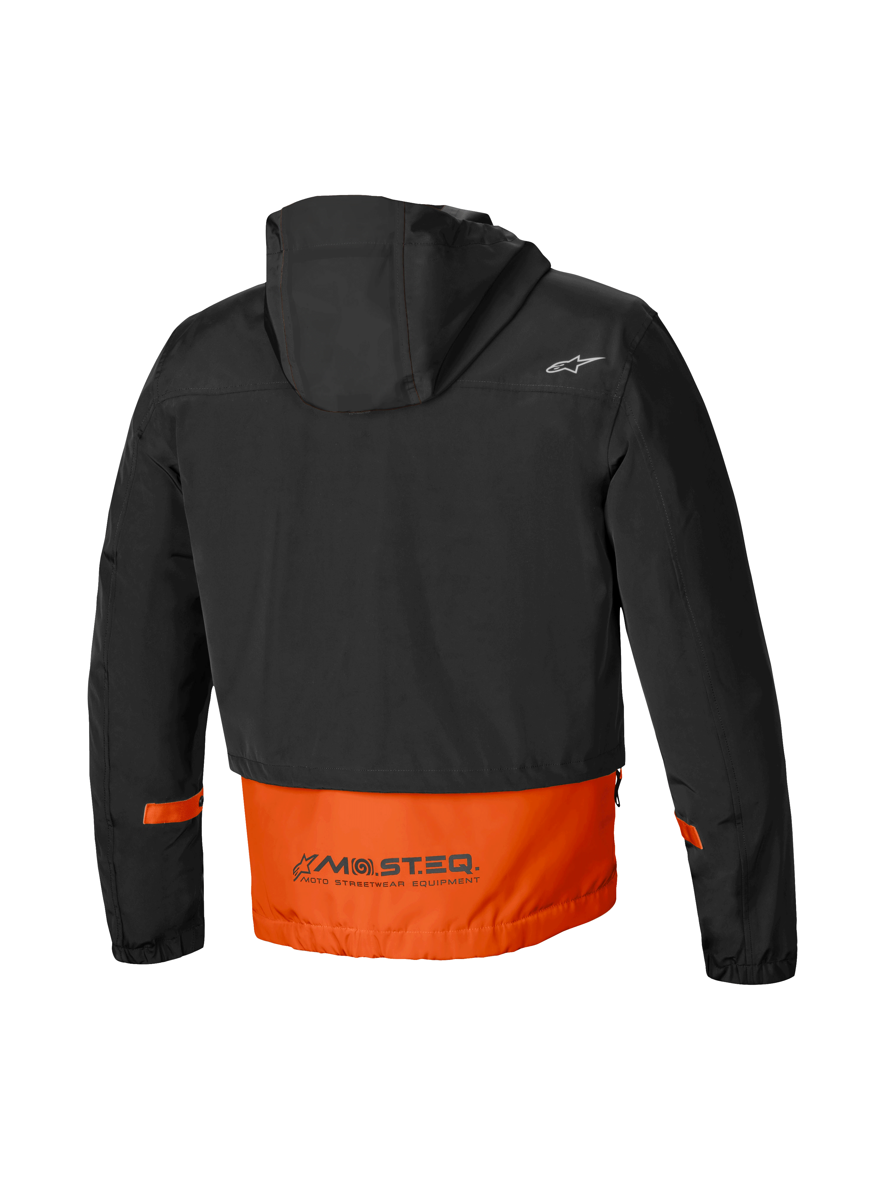 Alpinestars Mootant Vattentät Parka, herrmotorcykeljacka, baksida som visar fastsatt huva och MO.ST.EQ. reflekterande ordmärke i orange och svart färg
