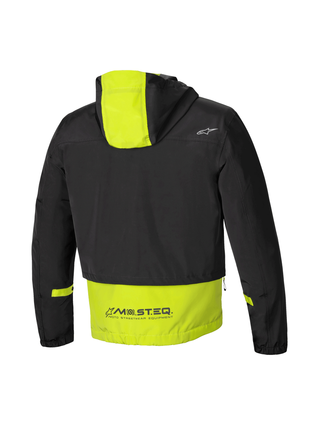 Alpinestars Mootant vattentät parka, modular motorcykeljacka, baksida med huva och MO.ST.EQ-logotyp, svart och limegrön, CE-certifierad