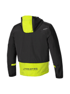 Alpinestars Mootant vattentät parka, modular motorcykeljacka, baksida med huva och MO.ST.EQ-logotyp, svart och limegrön, CE-certifierad