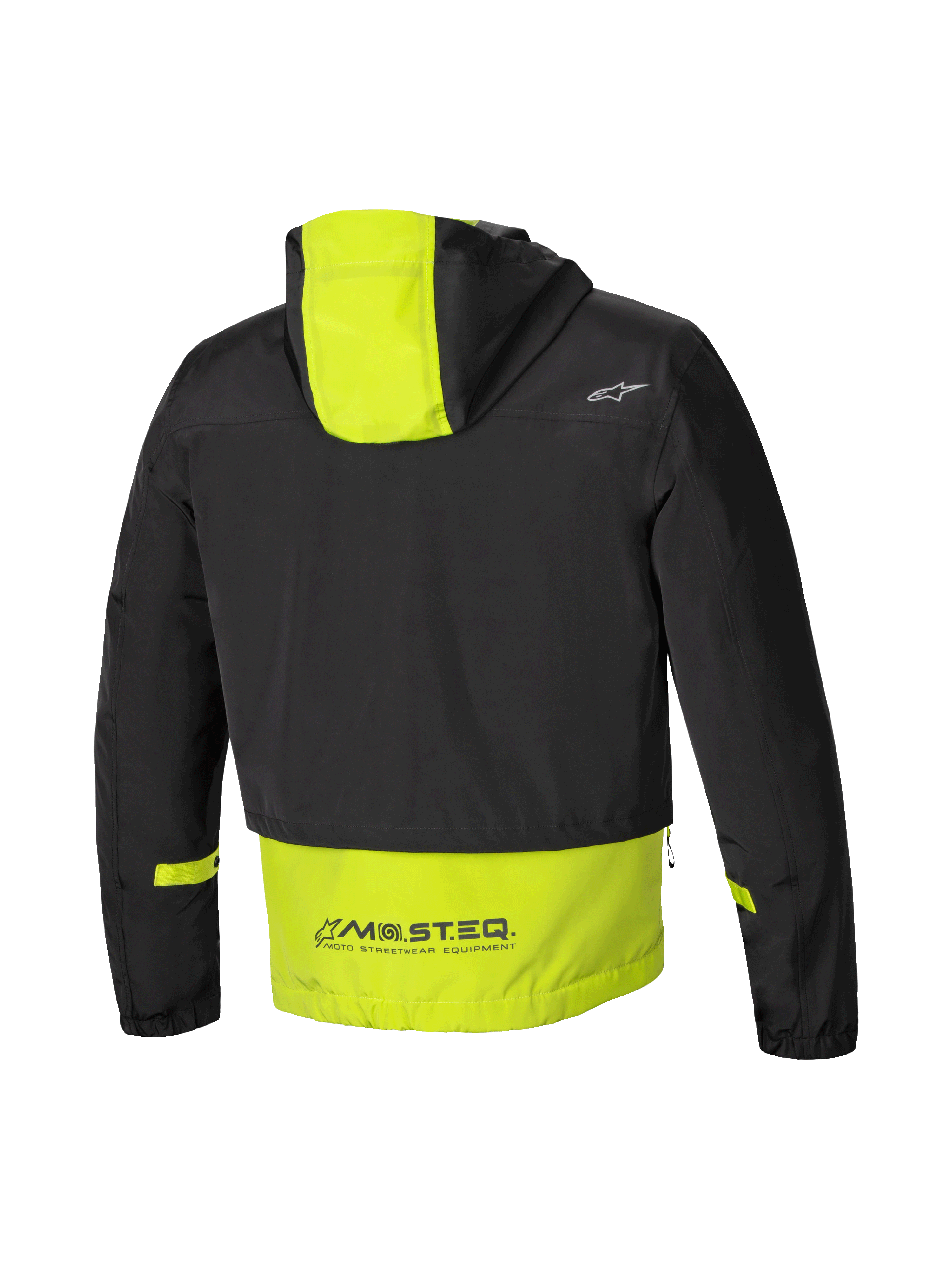 Alpinestars Mootant vattentät parka, modular motorcykeljacka, baksida med huva och MO.ST.EQ-logotyp, svart och limegrön, CE-certifierad