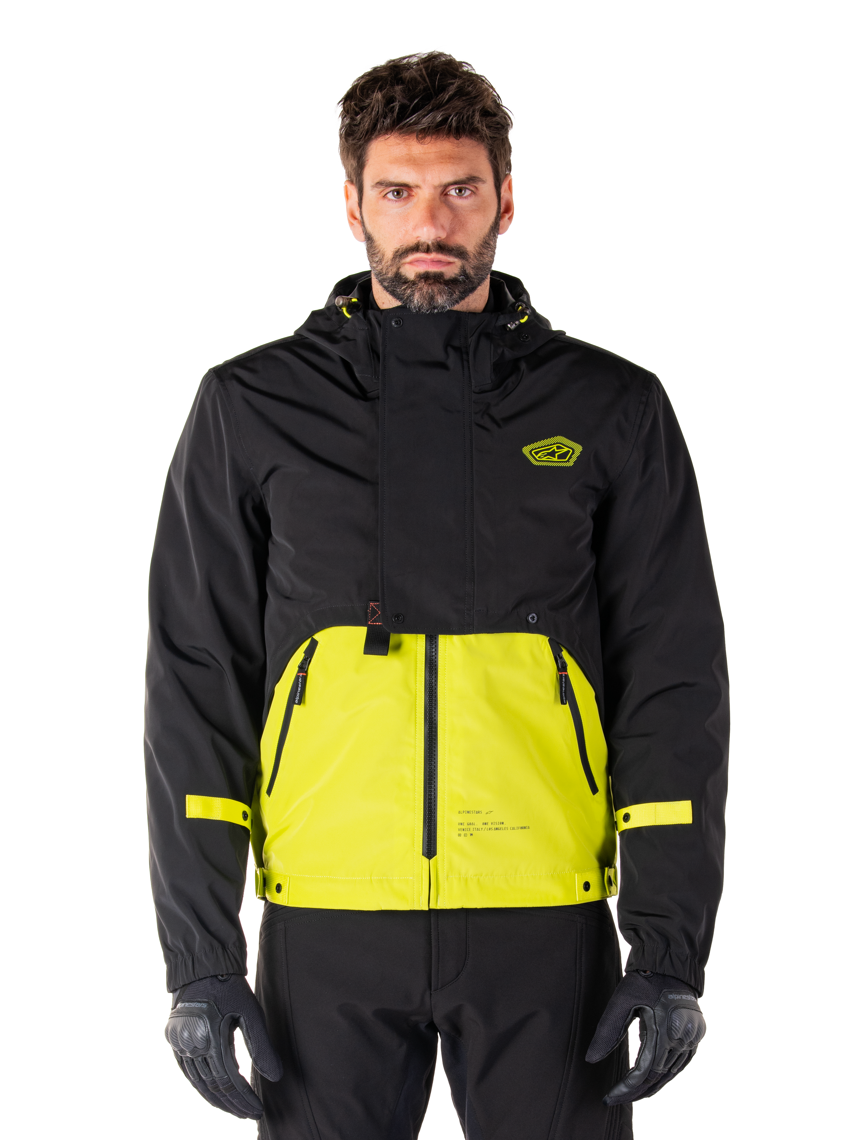 Alpinestars Mootant Waterproof Parka, Motorcycle Touring Jacket, Lime Punch and Black, hooded two-tone design with bright yellow lower torso and black upper body, yellow sleeve straps, logo on chest, technical modular style