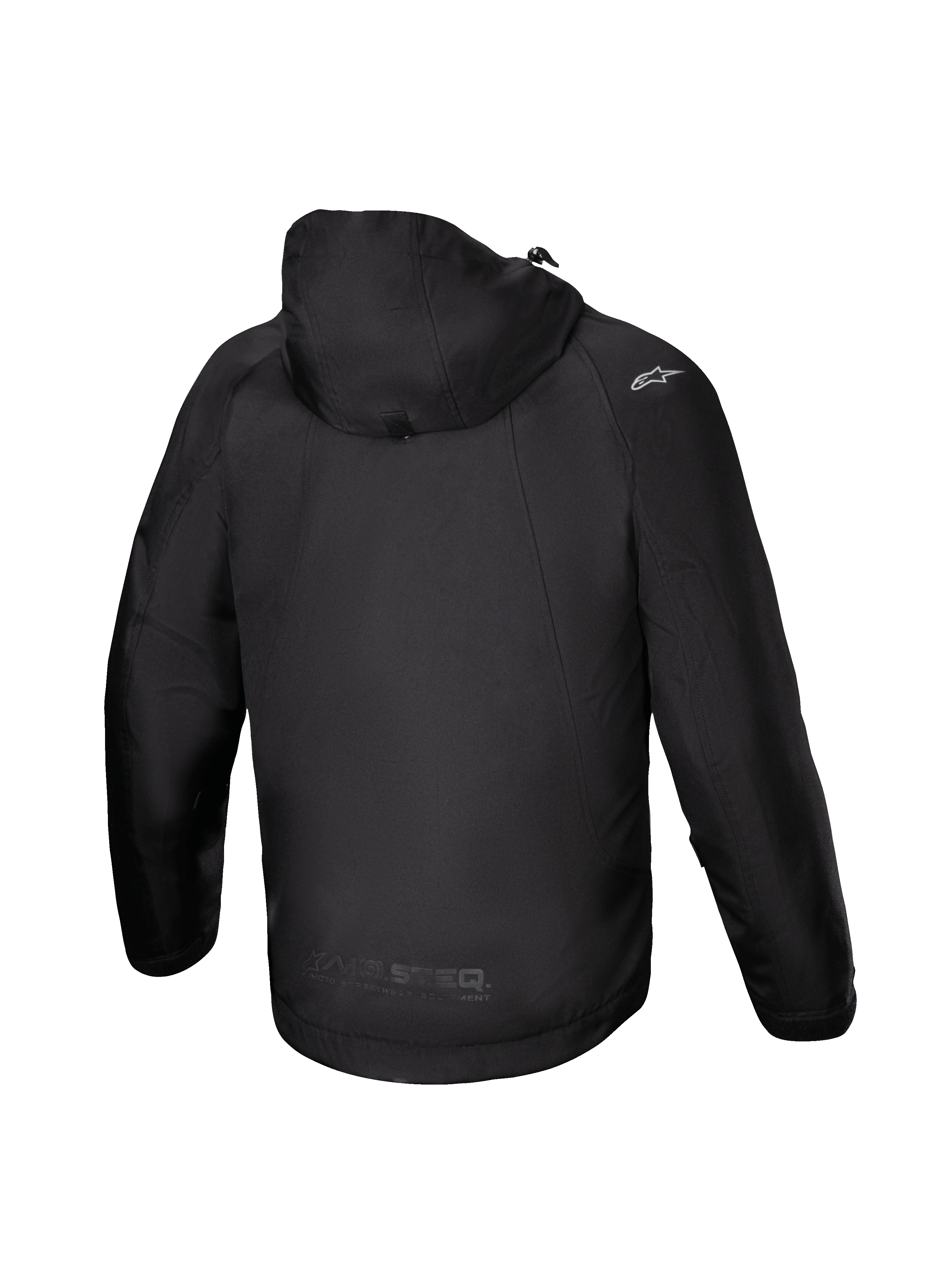 Alpinestars Morush vattentät parka, svart motorcykeljacka för herr, vy bakifrån med stormsäker huva och raglanärmar.