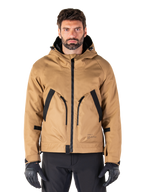 Alpinestars Morush Waterproof Parka, Utility Brown and Black Hooded Motorcycle Jacket, Urban Riding Gear, Front View with Black Zipper and Large Angled Pockets